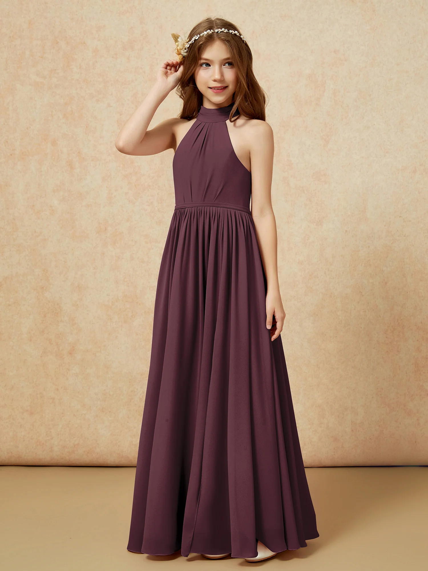 High Neck Long Junior Bridesmaid Dress With Slit Cabernet - Image 6