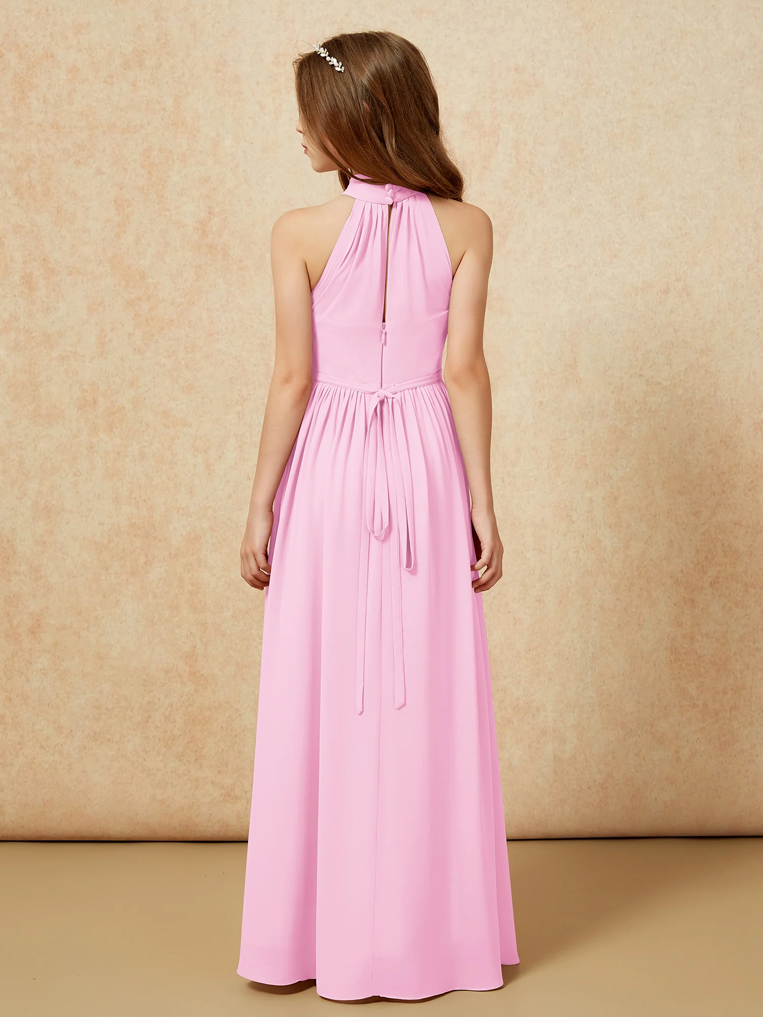 High Neck Long Junior Bridesmaid Dress With Slit Candy Pink - Image 2