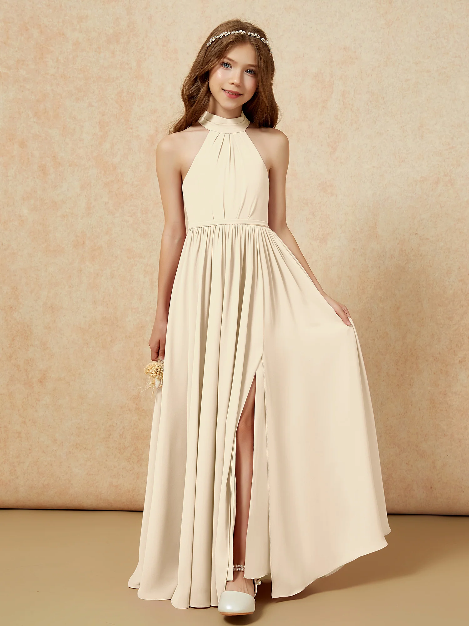 High Neck Long Junior Bridesmaid Dress With Slit Champagne