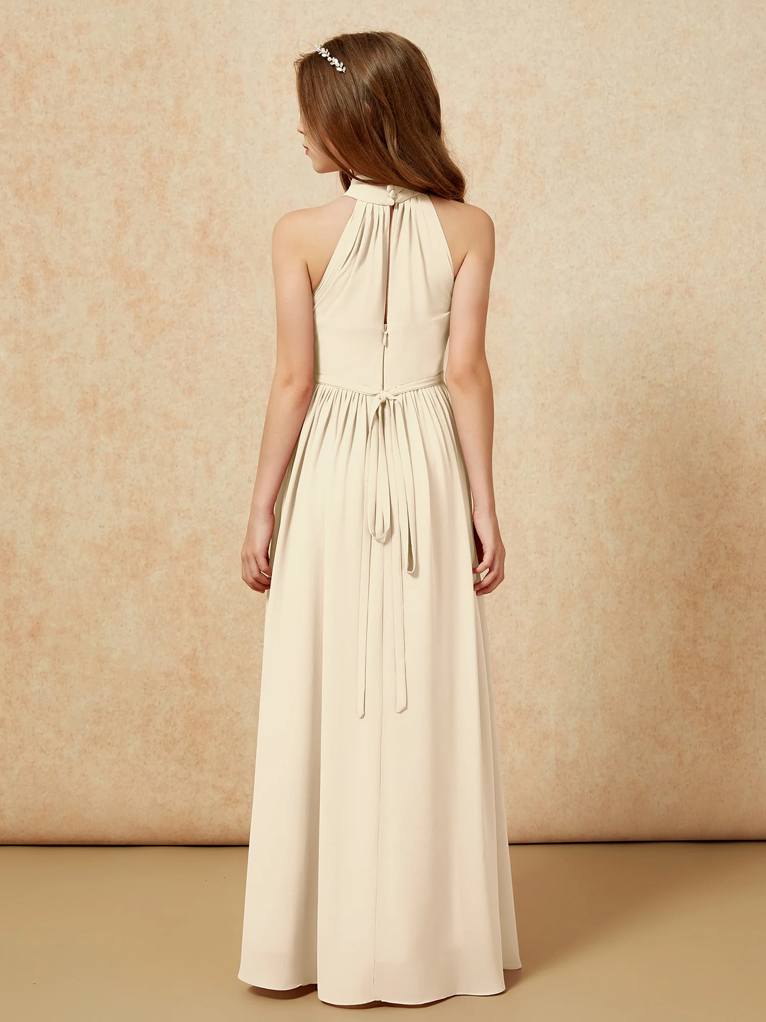 High Neck Long Junior Bridesmaid Dress With Slit Champagne - Image 2