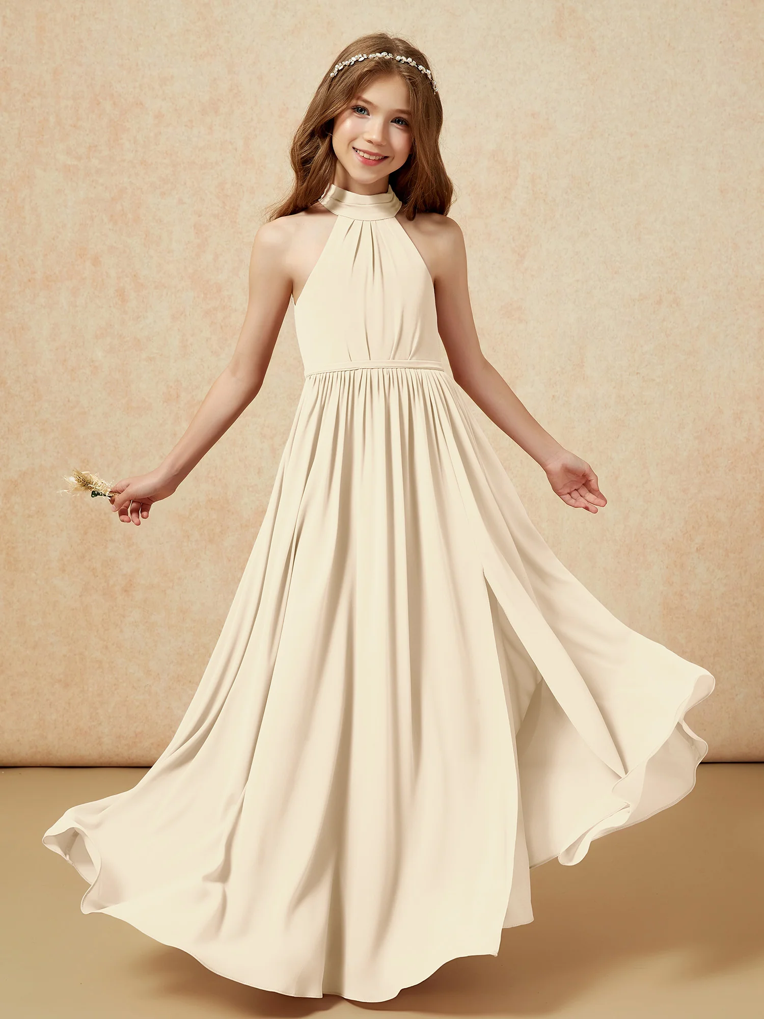 High Neck Long Junior Bridesmaid Dress With Slit Champagne - Image 4