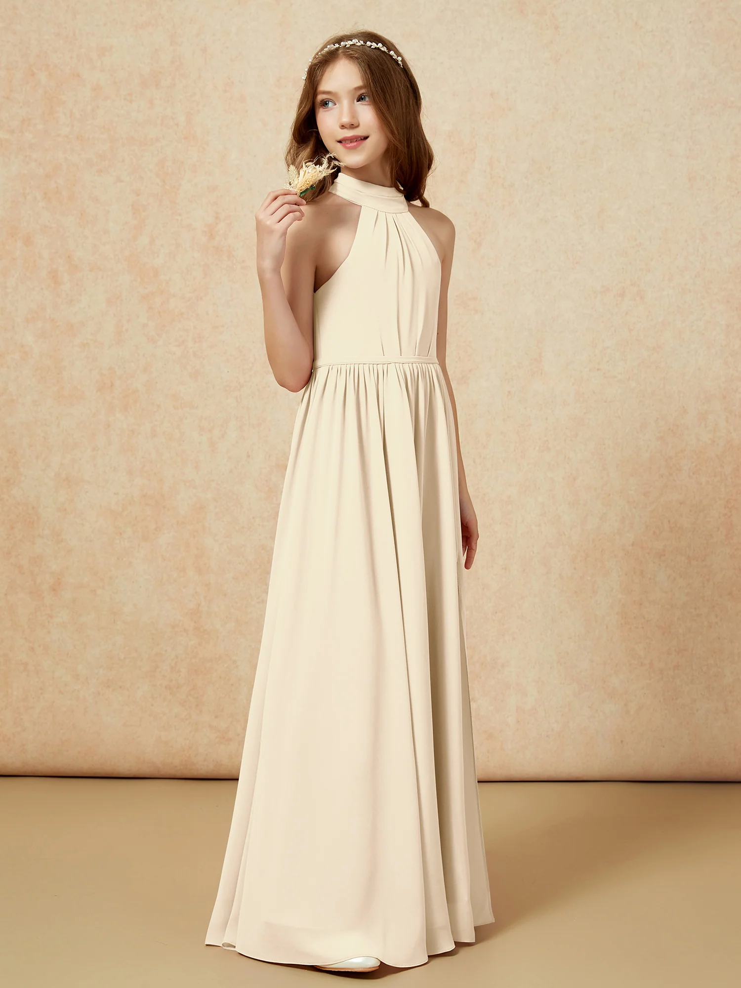High Neck Long Junior Bridesmaid Dress With Slit Champagne - Image 5