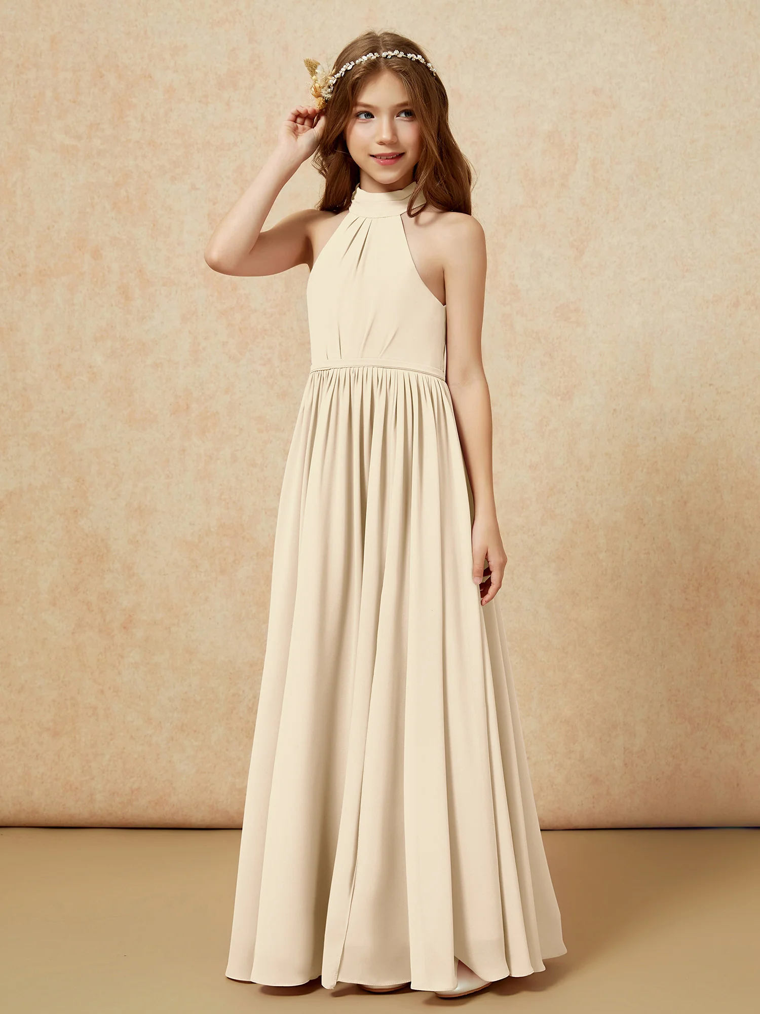 High Neck Long Junior Bridesmaid Dress With Slit Champagne - Image 6