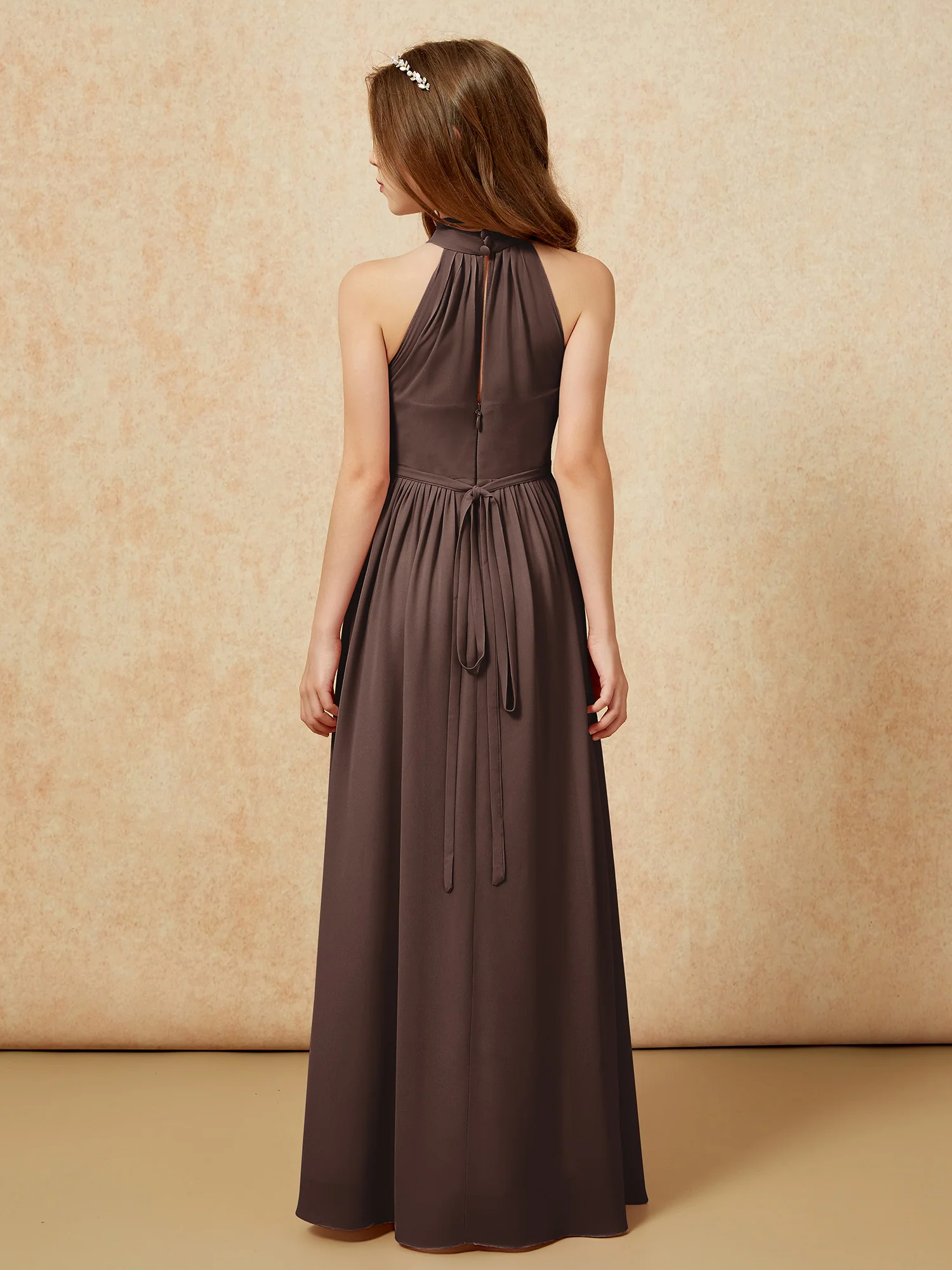 High Neck Long Junior Bridesmaid Dress With Slit Chocolate - Image 2
