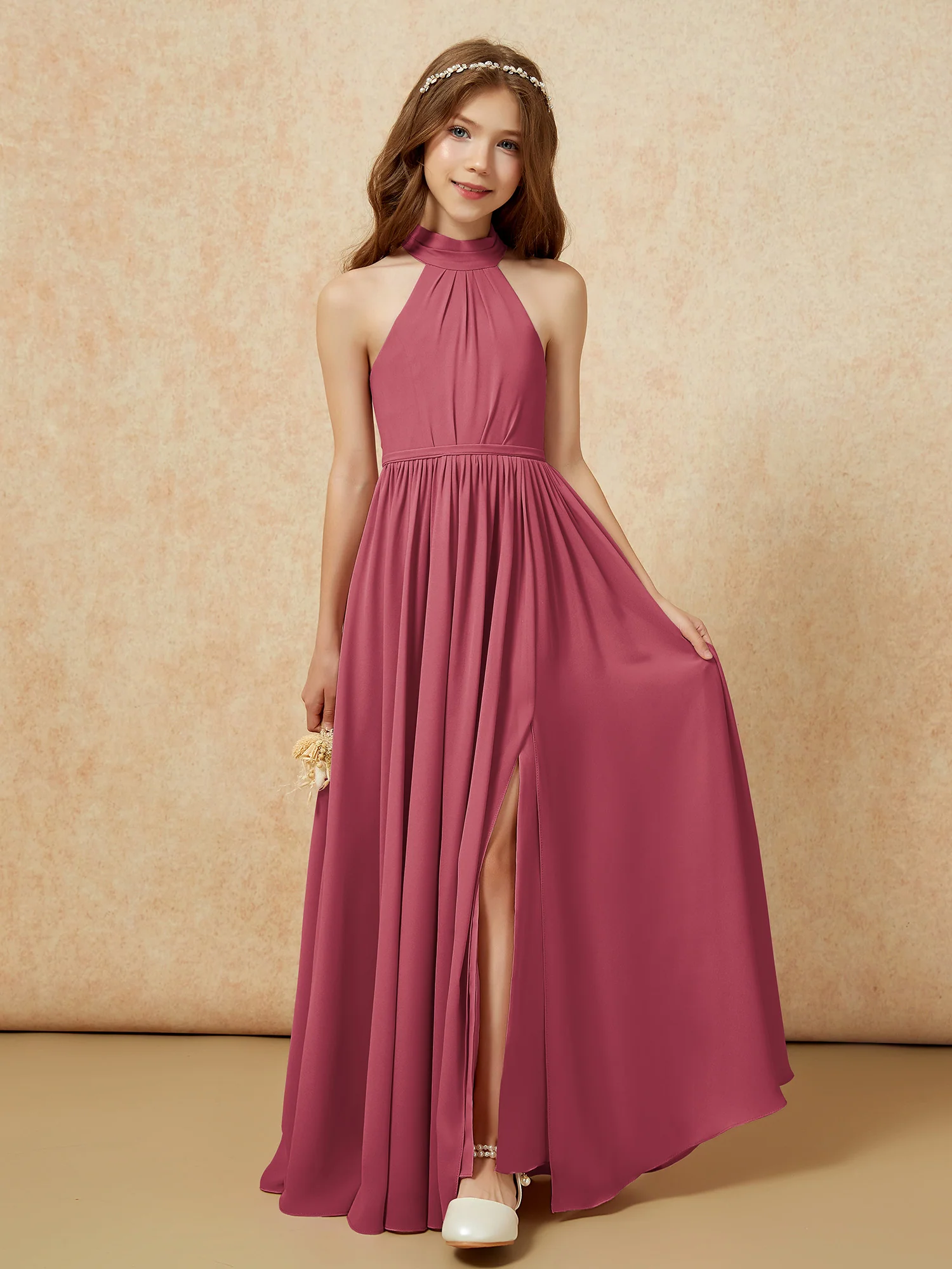High Neck Long Junior Bridesmaid Dress With Slit Cinnamon Rose