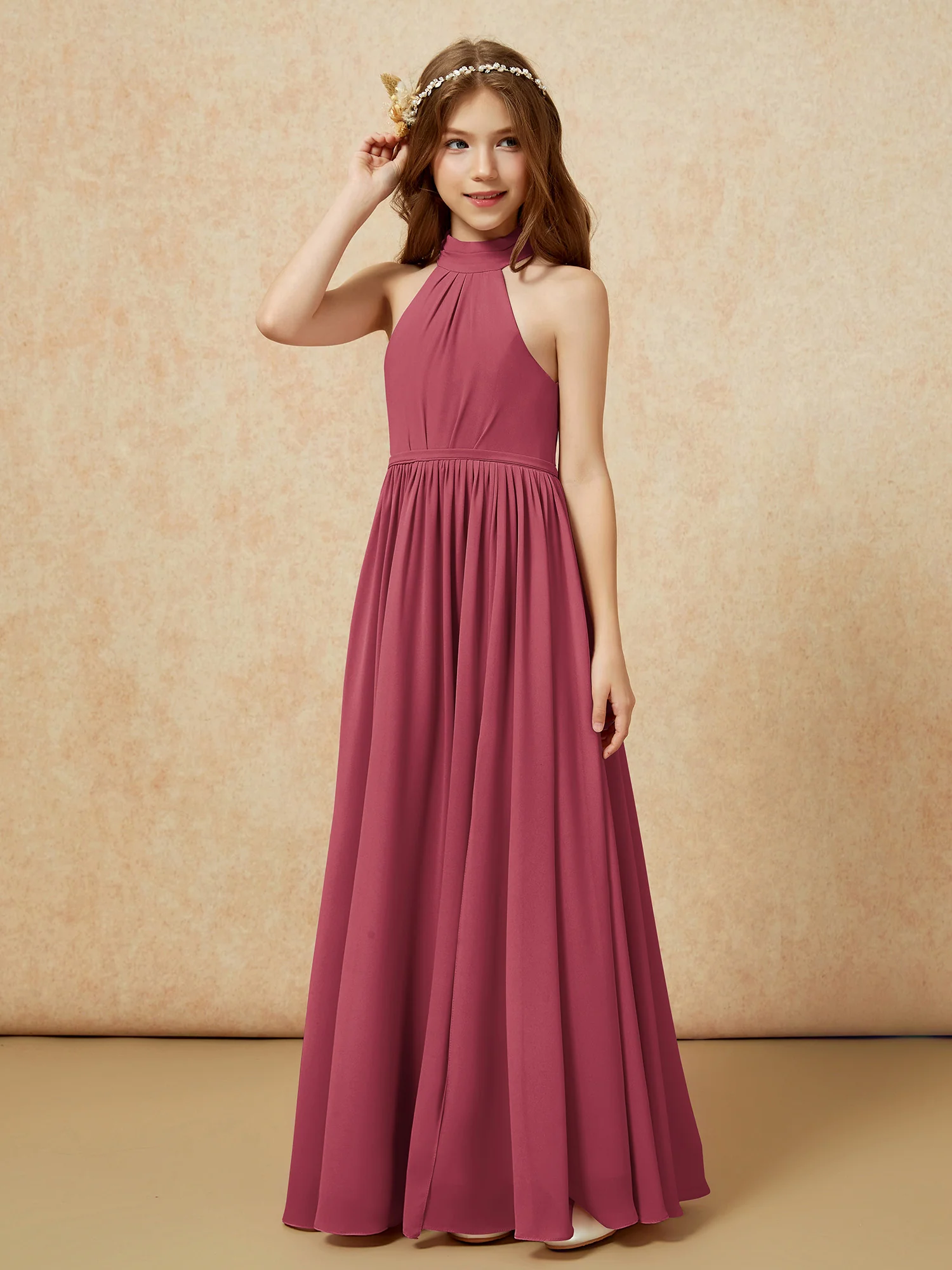 High Neck Long Junior Bridesmaid Dress With Slit Cinnamon Rose - Image 6