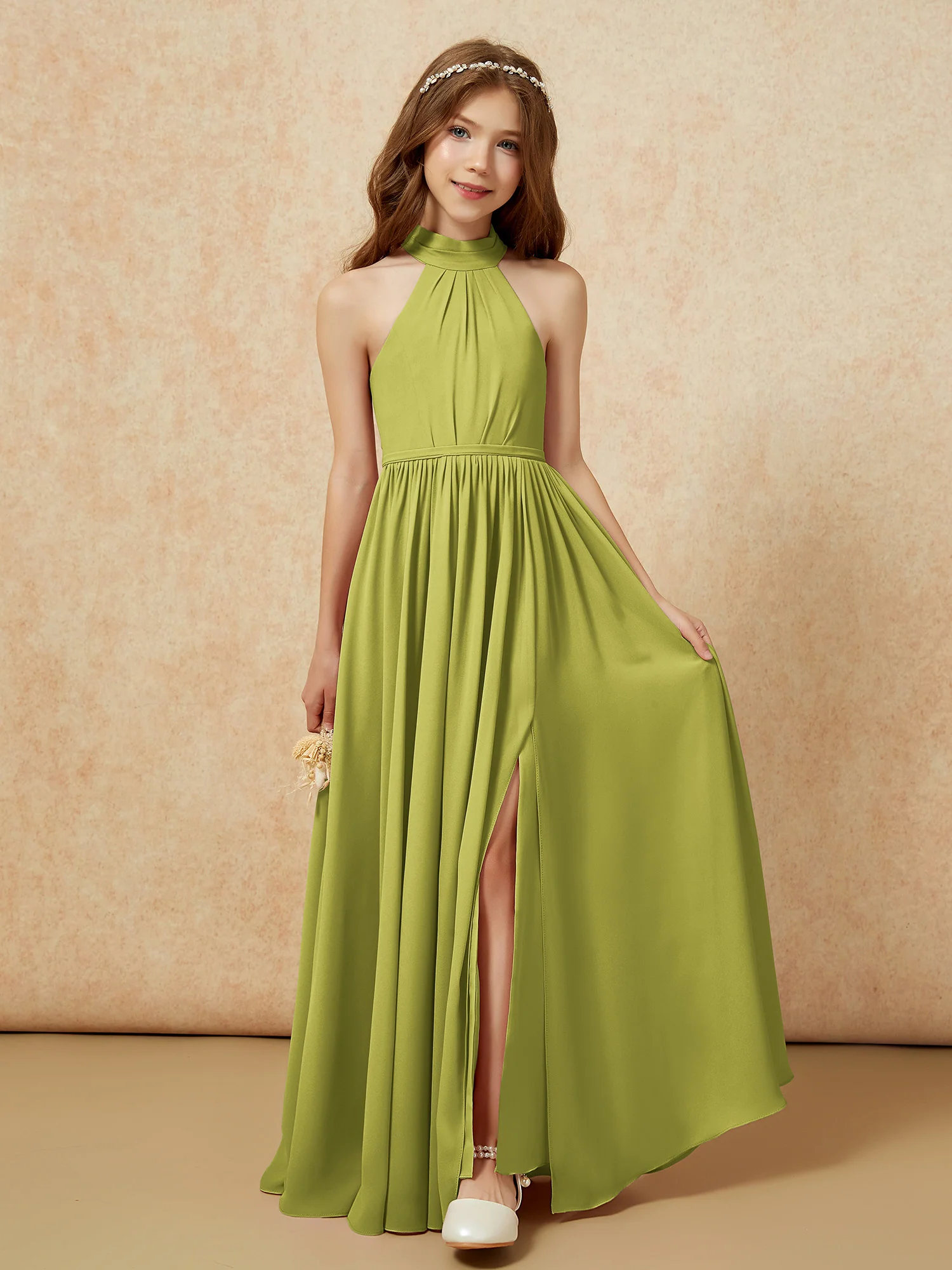 High Neck Long Junior Bridesmaid Dress With Slit Clover