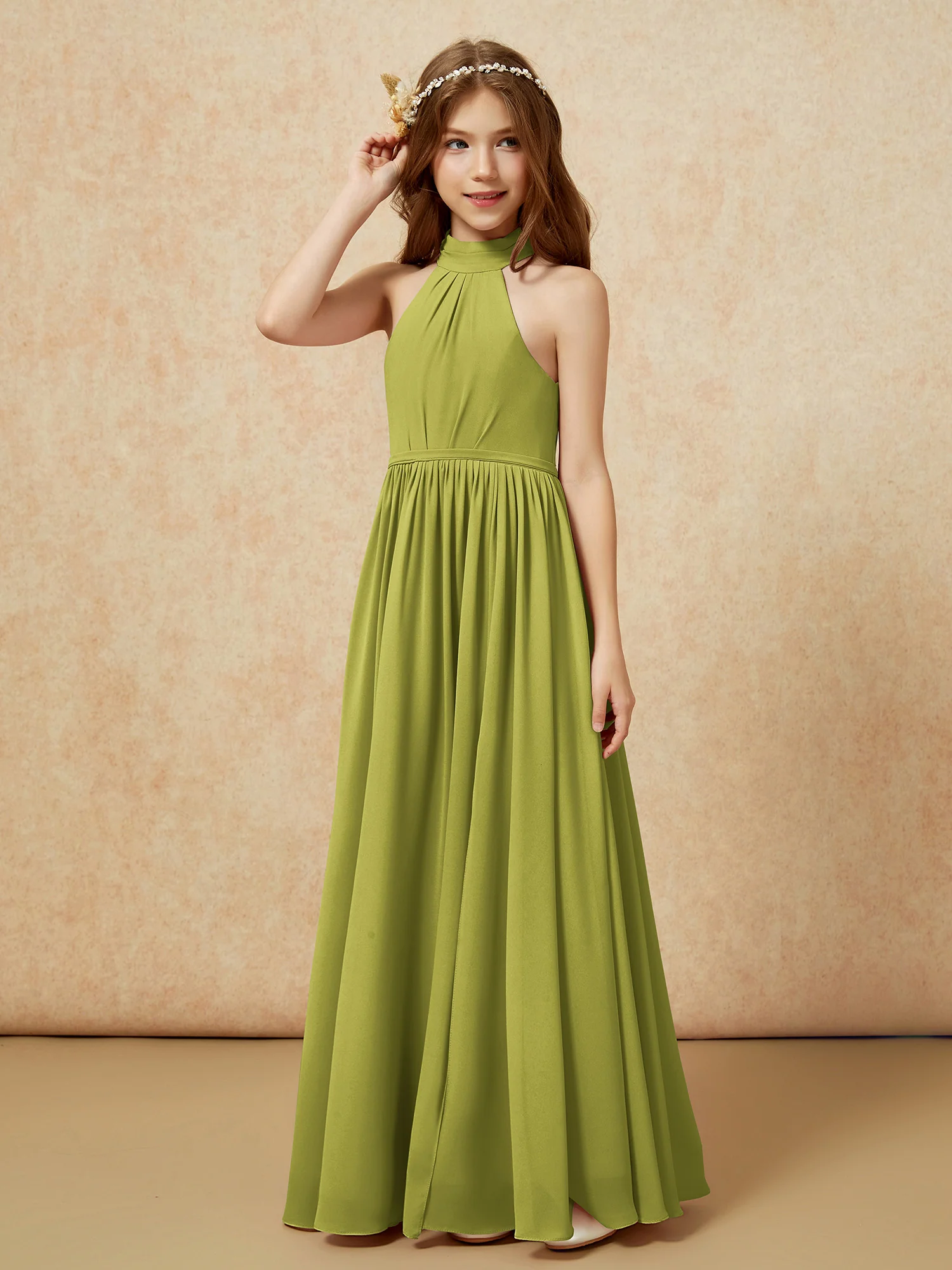 High Neck Long Junior Bridesmaid Dress With Slit Clover - Image 6
