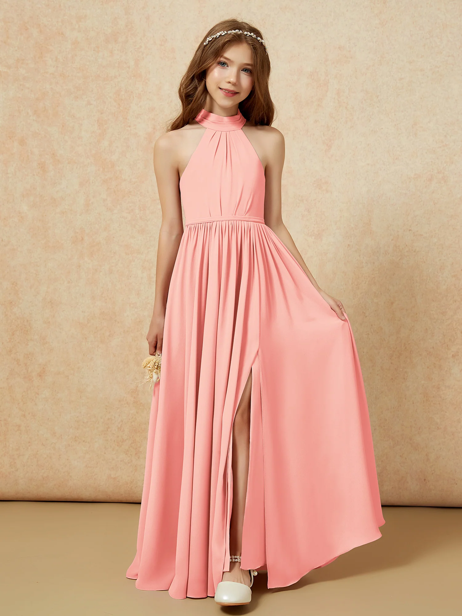 High Neck Long Junior Bridesmaid Dress With Slit Coral