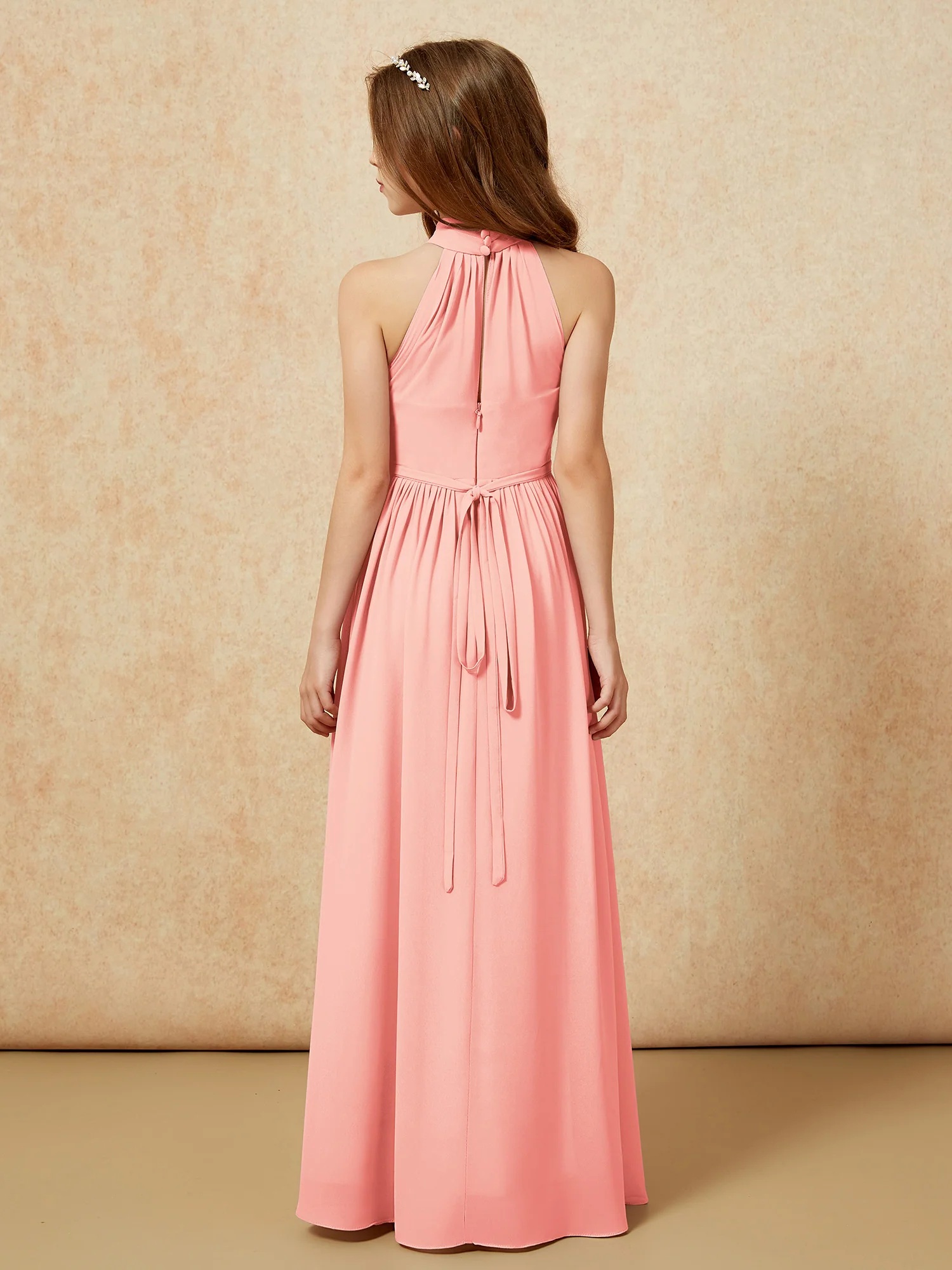 High Neck Long Junior Bridesmaid Dress With Slit Coral - Image 2