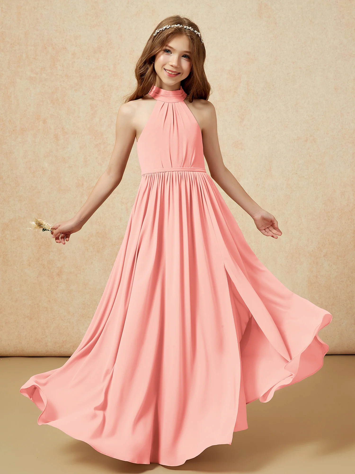 High Neck Long Junior Bridesmaid Dress With Slit Coral - Image 4