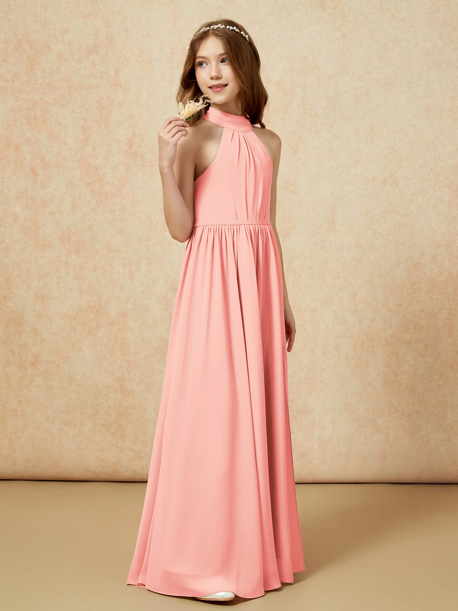 High Neck Long Junior Bridesmaid Dress With Slit Coral - Image 5