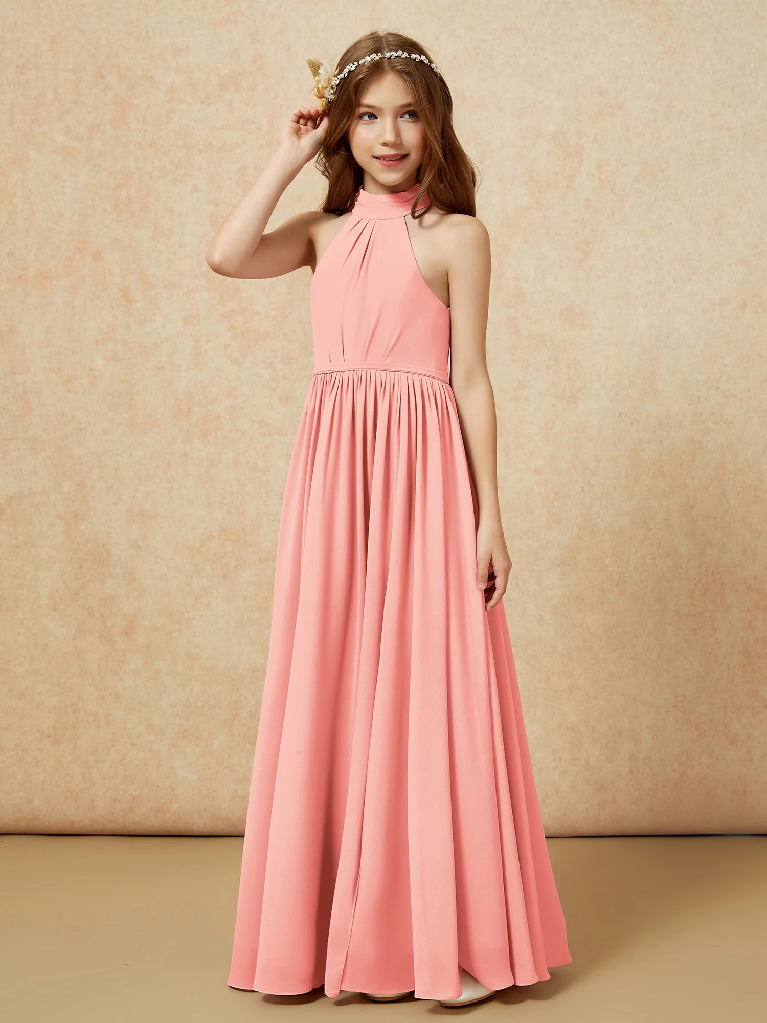 High Neck Long Junior Bridesmaid Dress With Slit Coral - Image 6