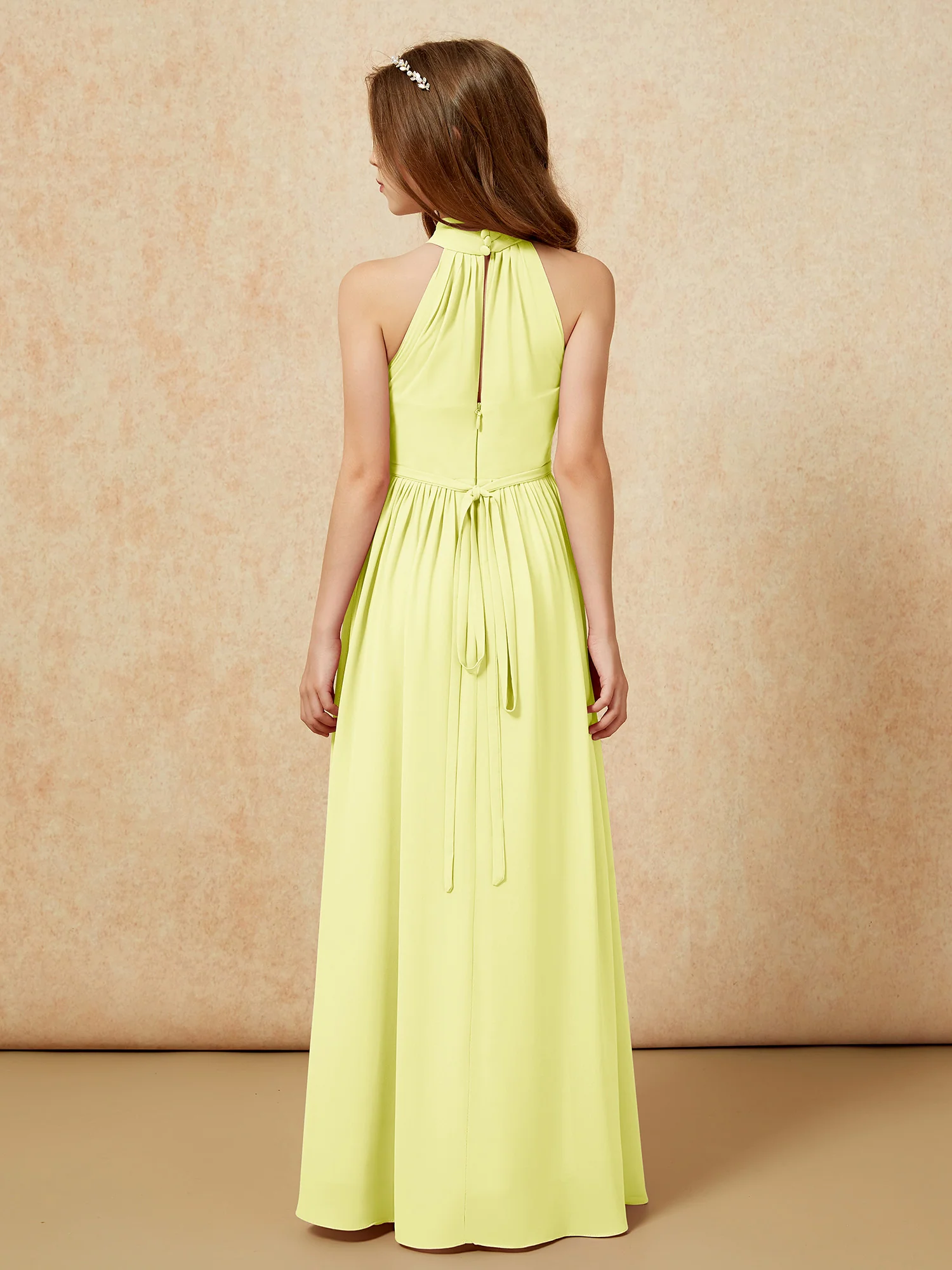 High Neck Long Junior Bridesmaid Dress With Slit Daffodil - Image 2