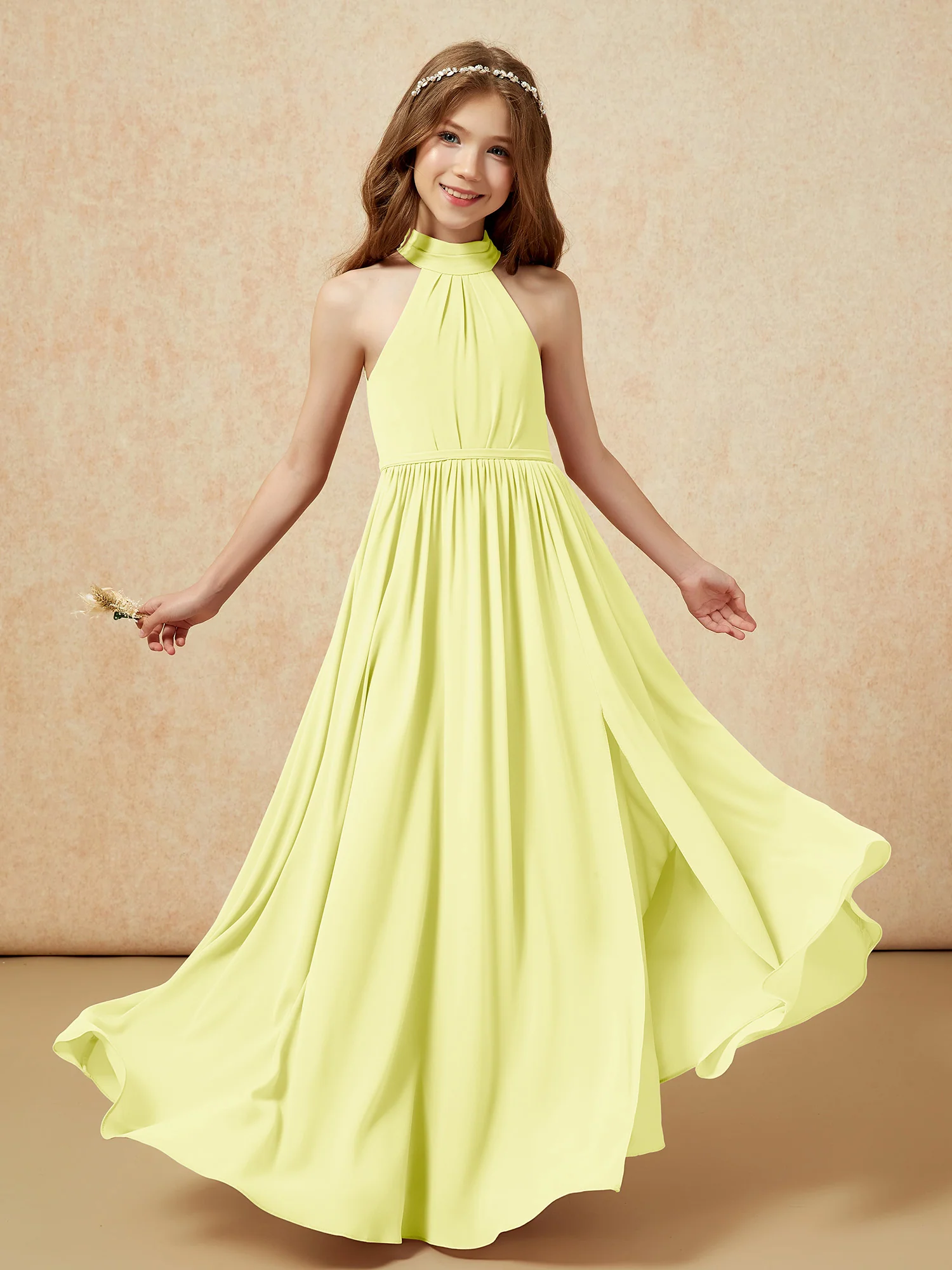 High Neck Long Junior Bridesmaid Dress With Slit Daffodil - Image 4