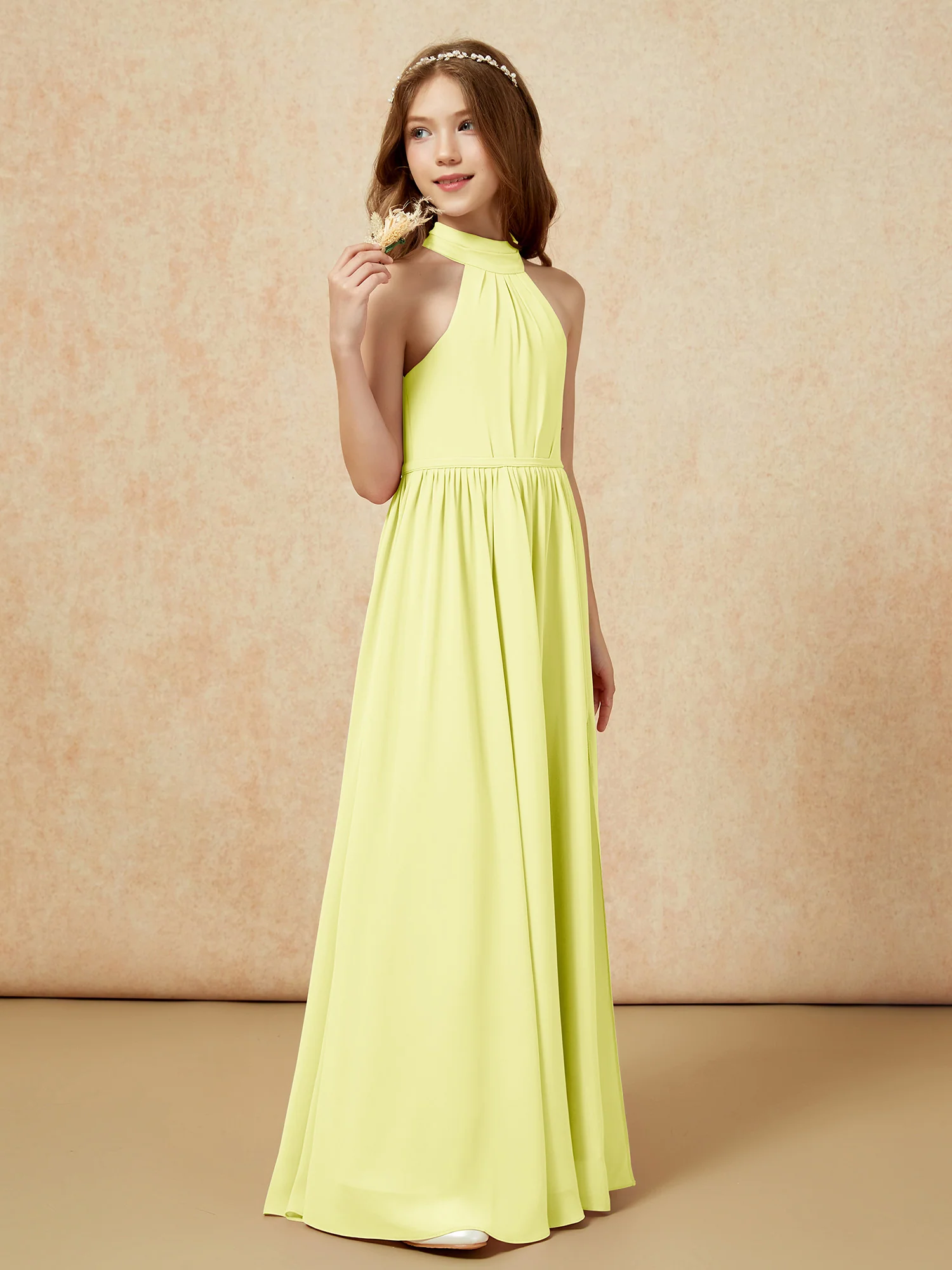 High Neck Long Junior Bridesmaid Dress With Slit Daffodil - Image 5