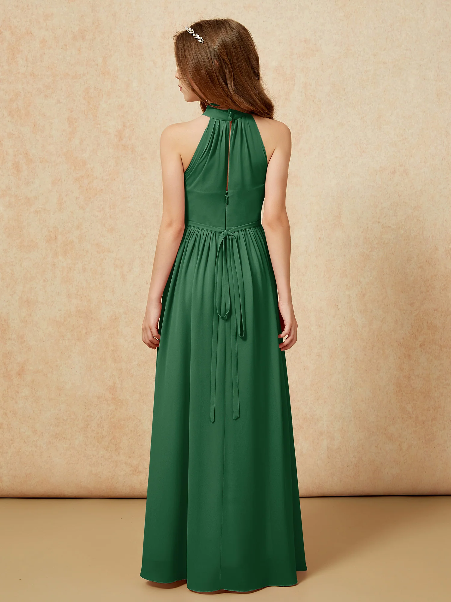 High Neck Long Junior Bridesmaid Dress With Slit Dark Green - Image 2