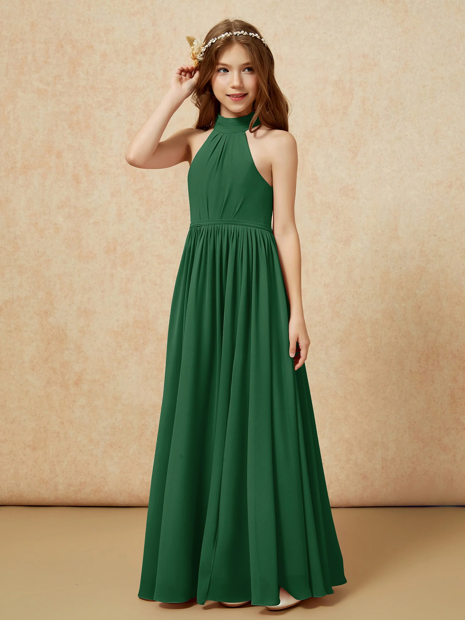 High Neck Long Junior Bridesmaid Dress With Slit Dark Green - Image 6