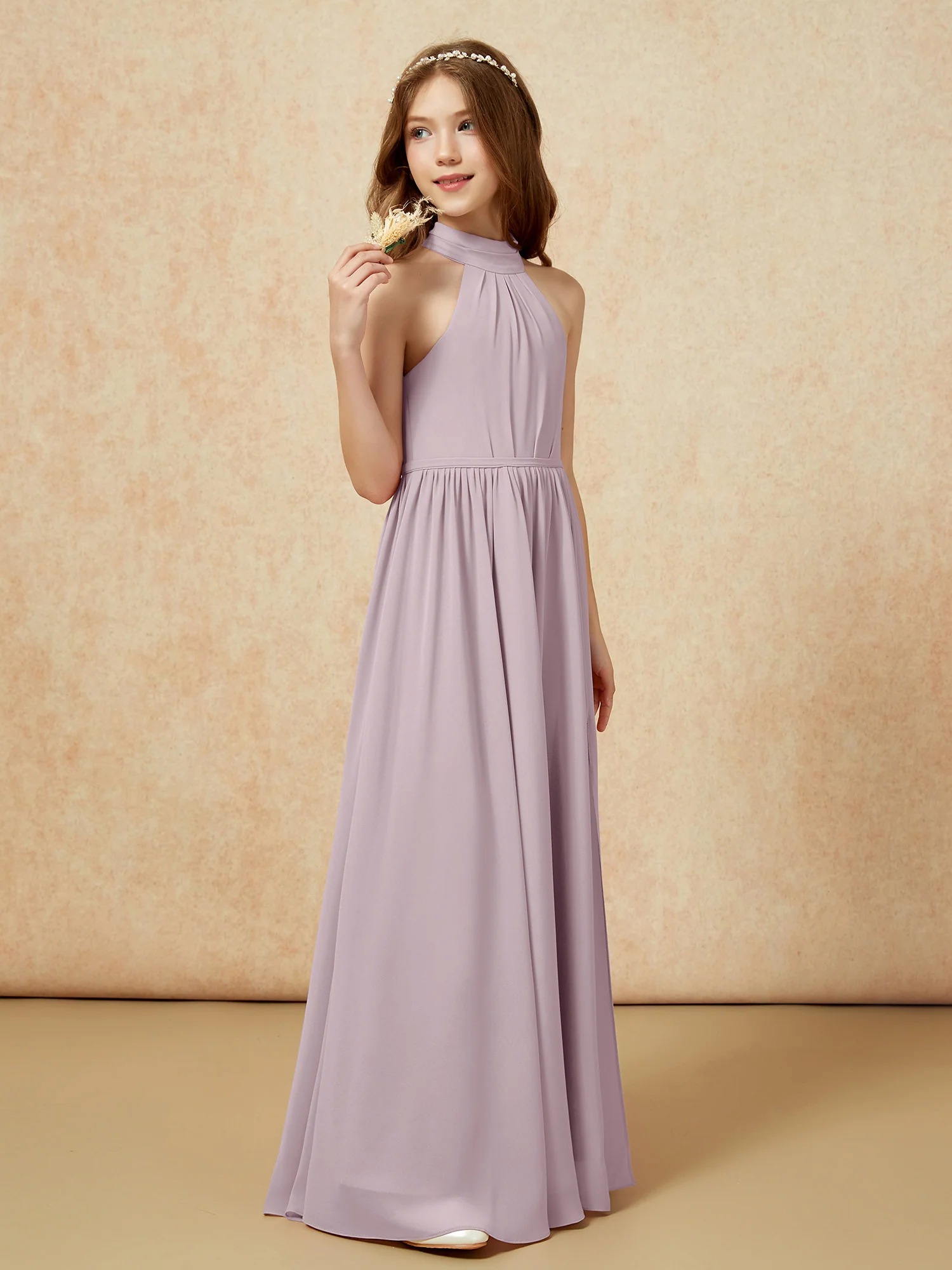 High Neck Long Junior Bridesmaid Dress With Slit Dusk - Image 5