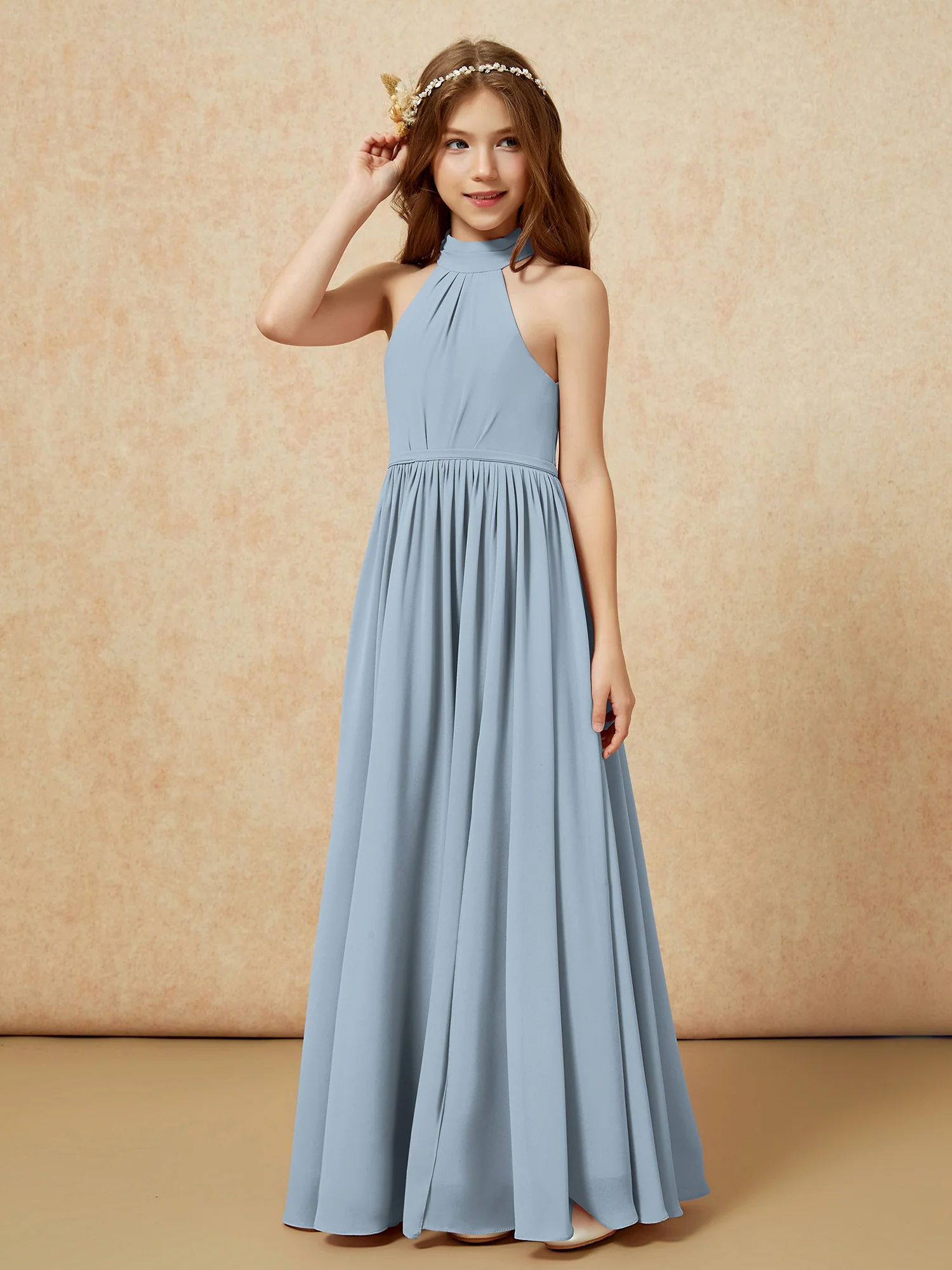 High Neck Long Junior Bridesmaid Dress With Slit Dusty Blue - Image 6