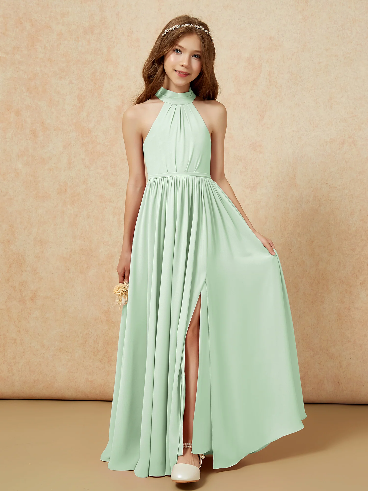 High Neck Long Junior Bridesmaid Dress With Slit Dusty Sage