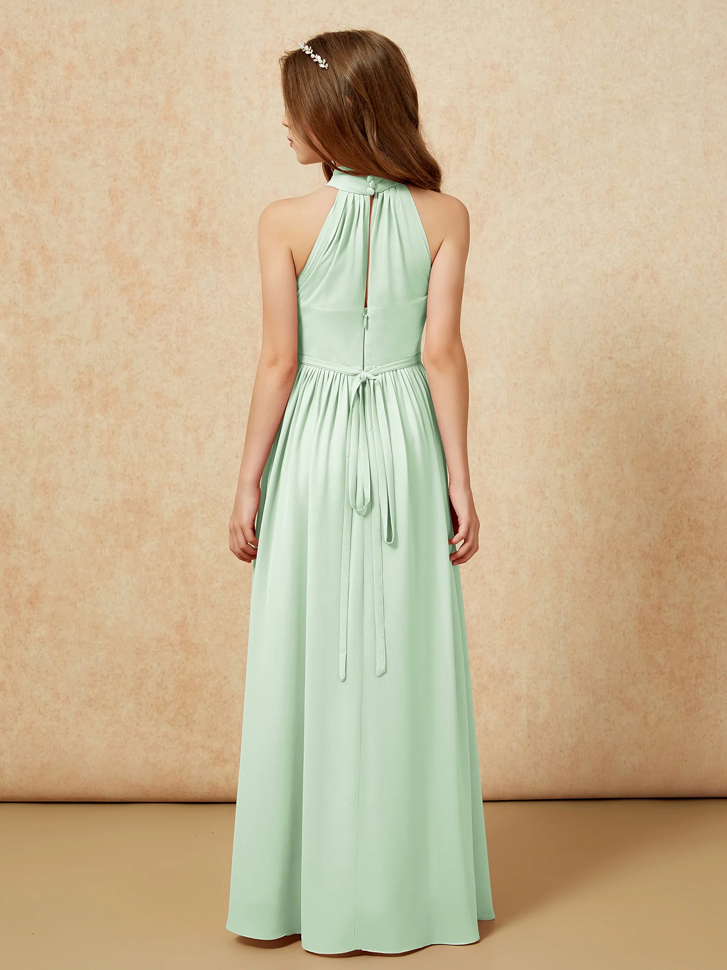 High Neck Long Junior Bridesmaid Dress With Slit Dusty Sage - Image 2