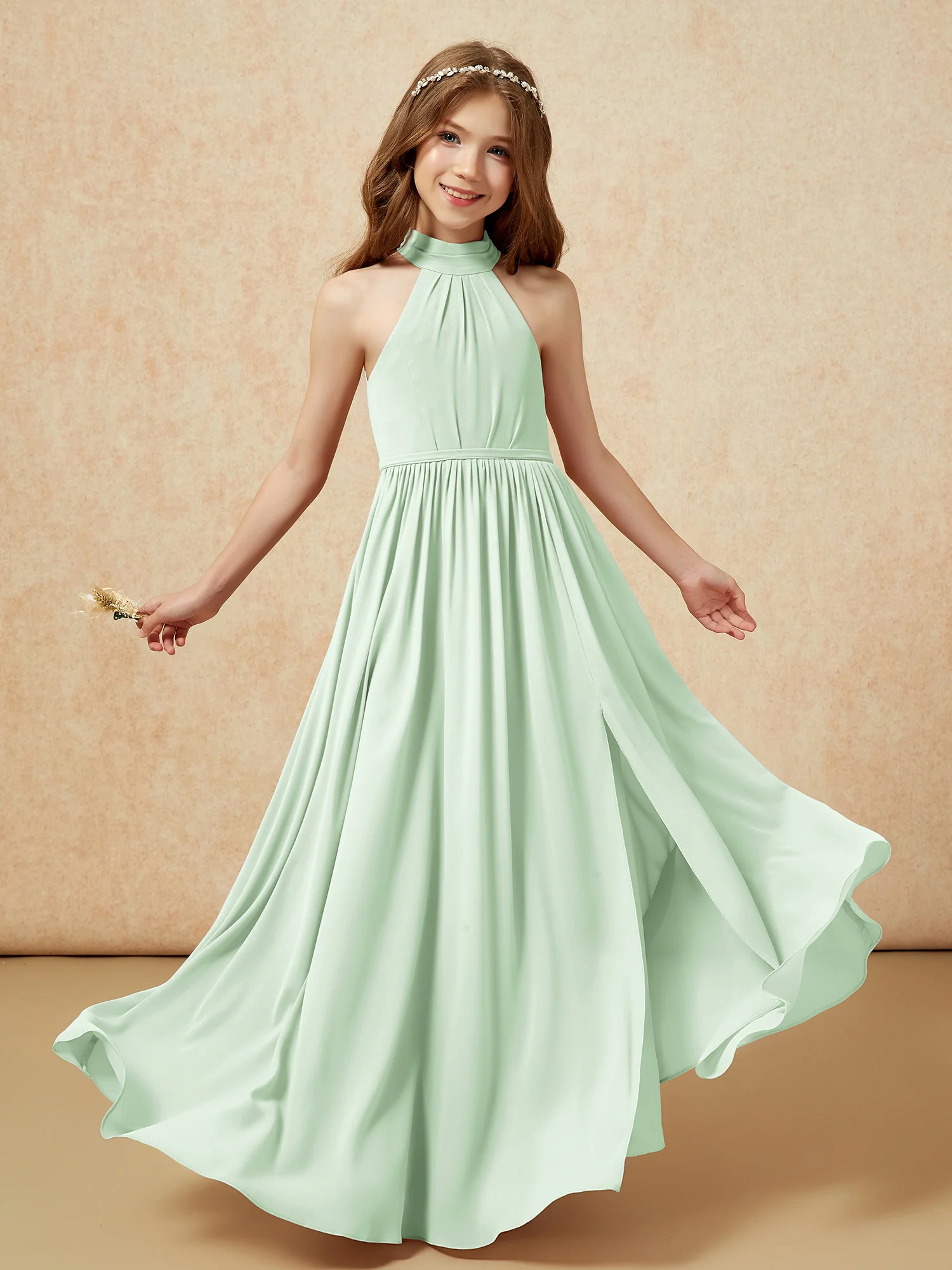 High Neck Long Junior Bridesmaid Dress With Slit Dusty Sage - Image 4
