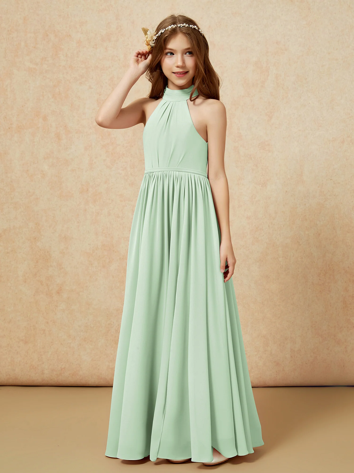 High Neck Long Junior Bridesmaid Dress With Slit Dusty Sage - Image 6