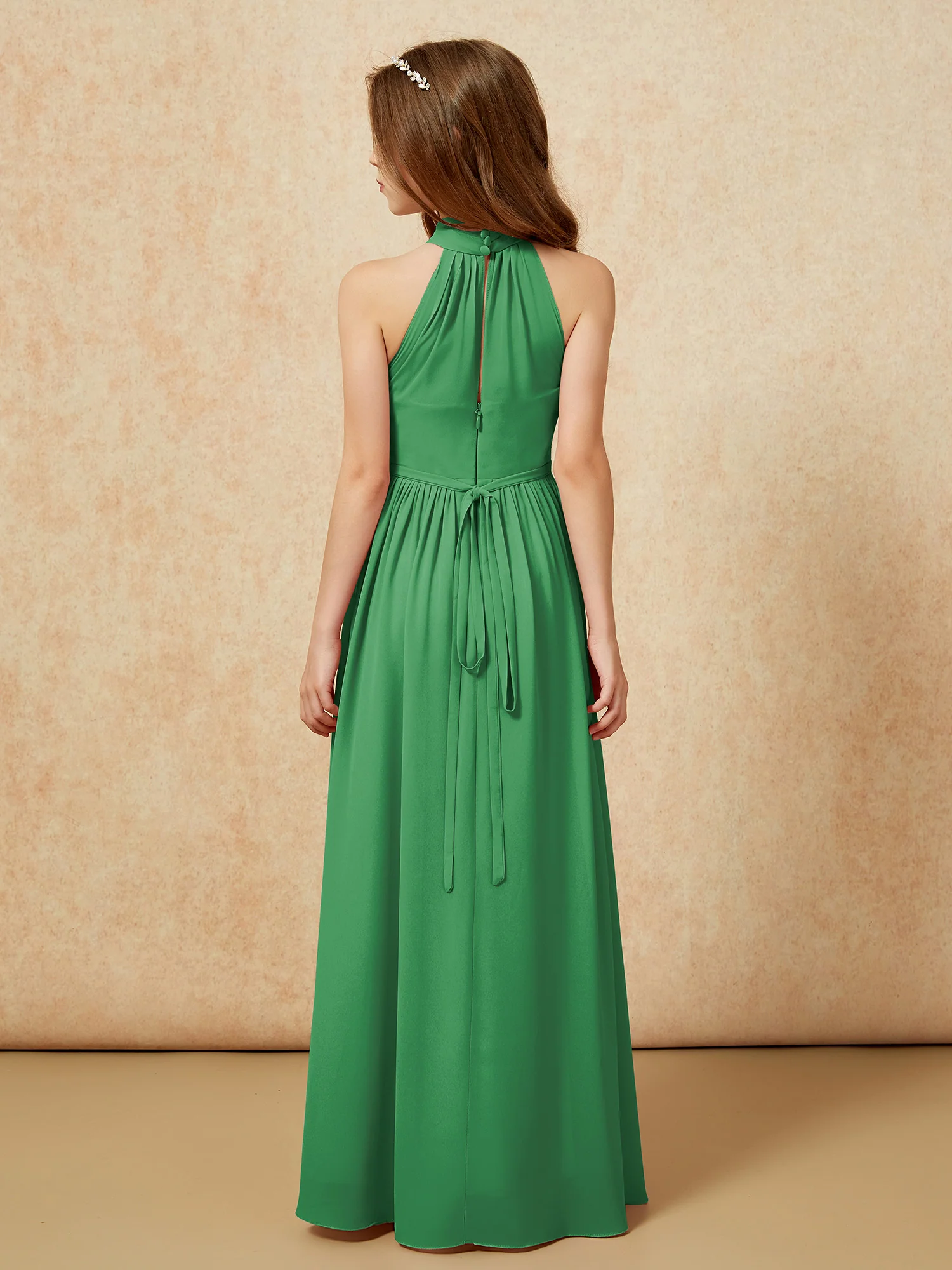 High Neck Long Junior Bridesmaid Dress With Slit Emerald - Image 2