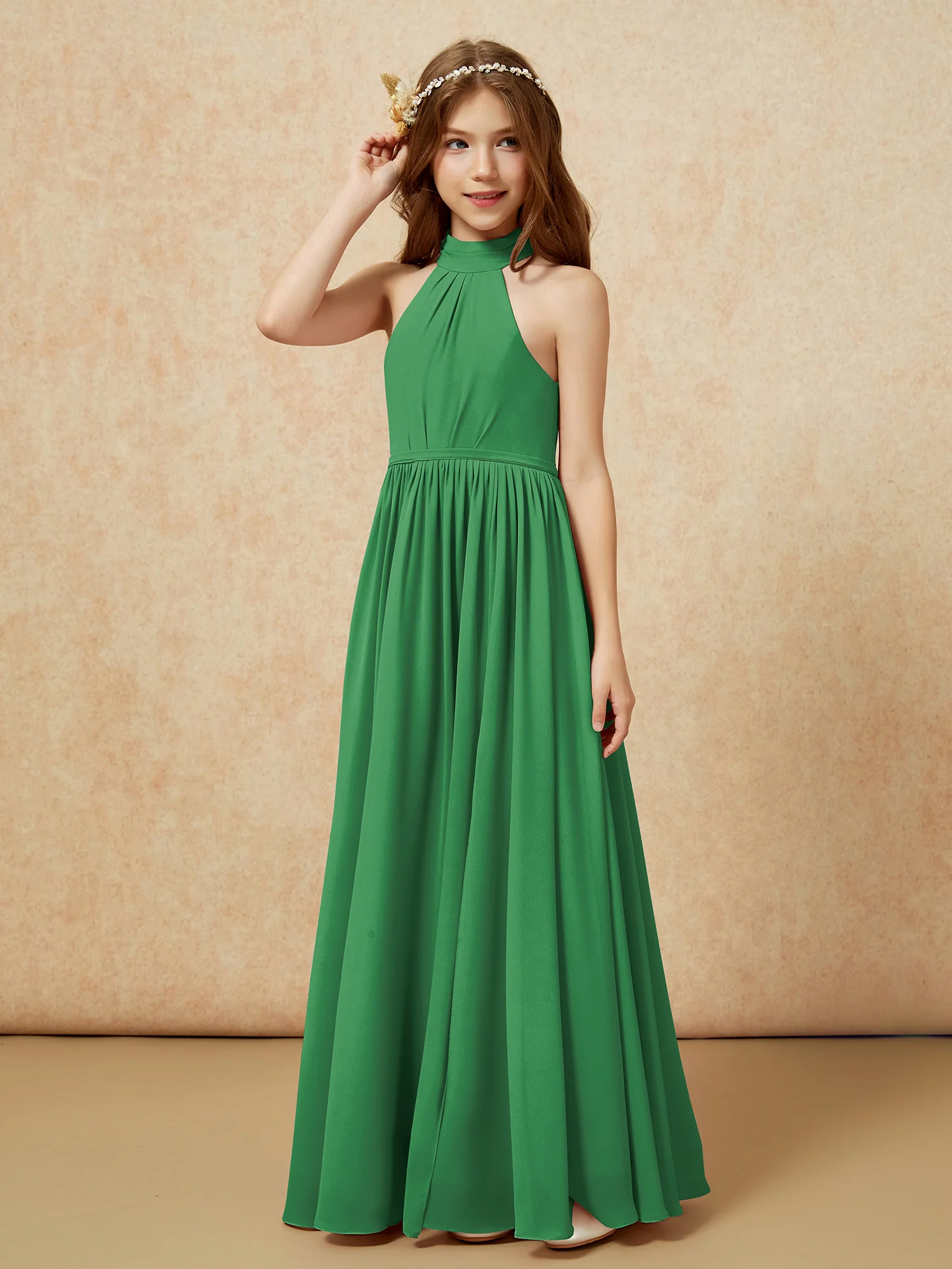 High Neck Long Junior Bridesmaid Dress With Slit Emerald - Image 6