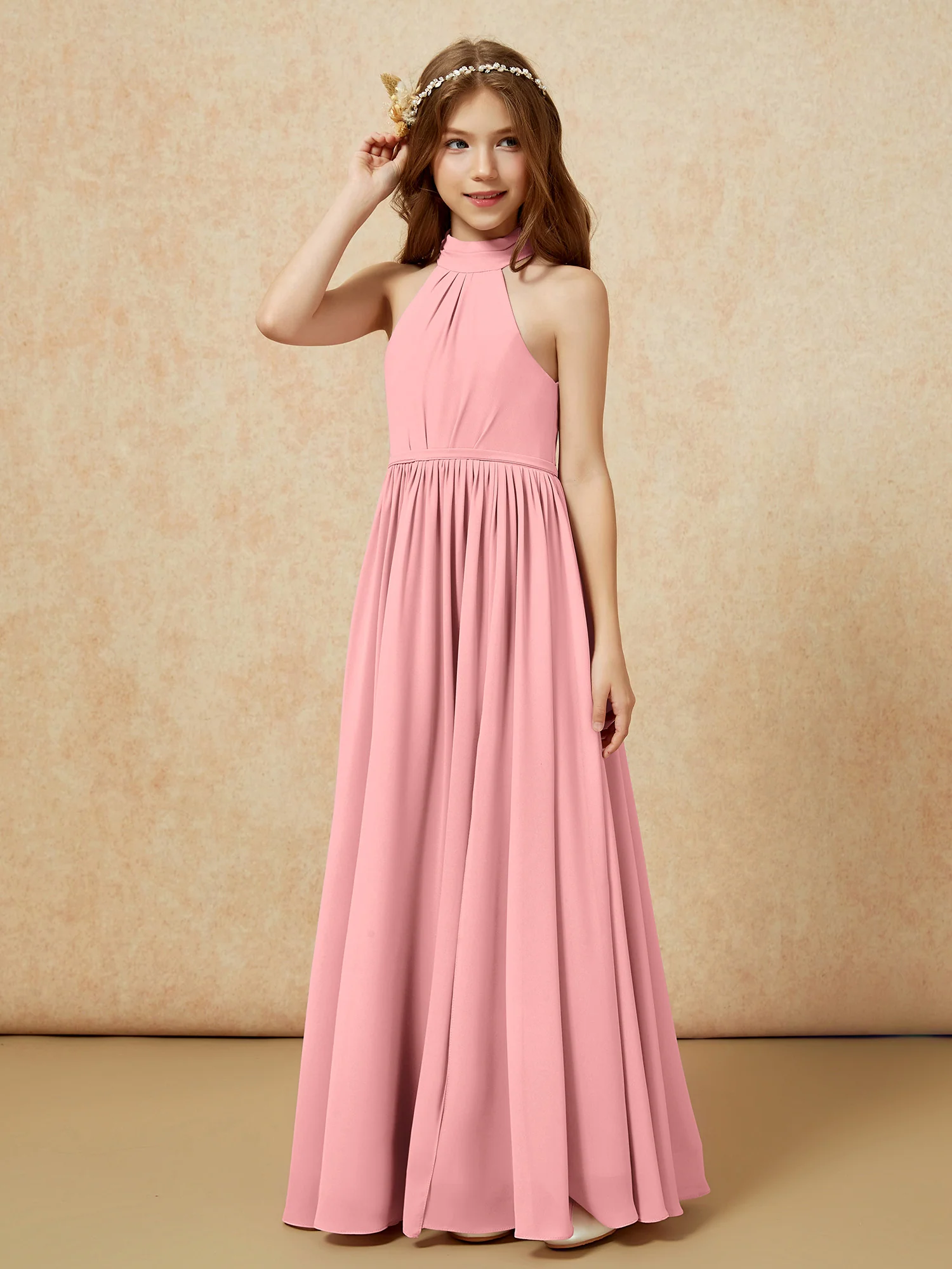 High Neck Long Junior Bridesmaid Dress With Slit Flamingo - Image 6
