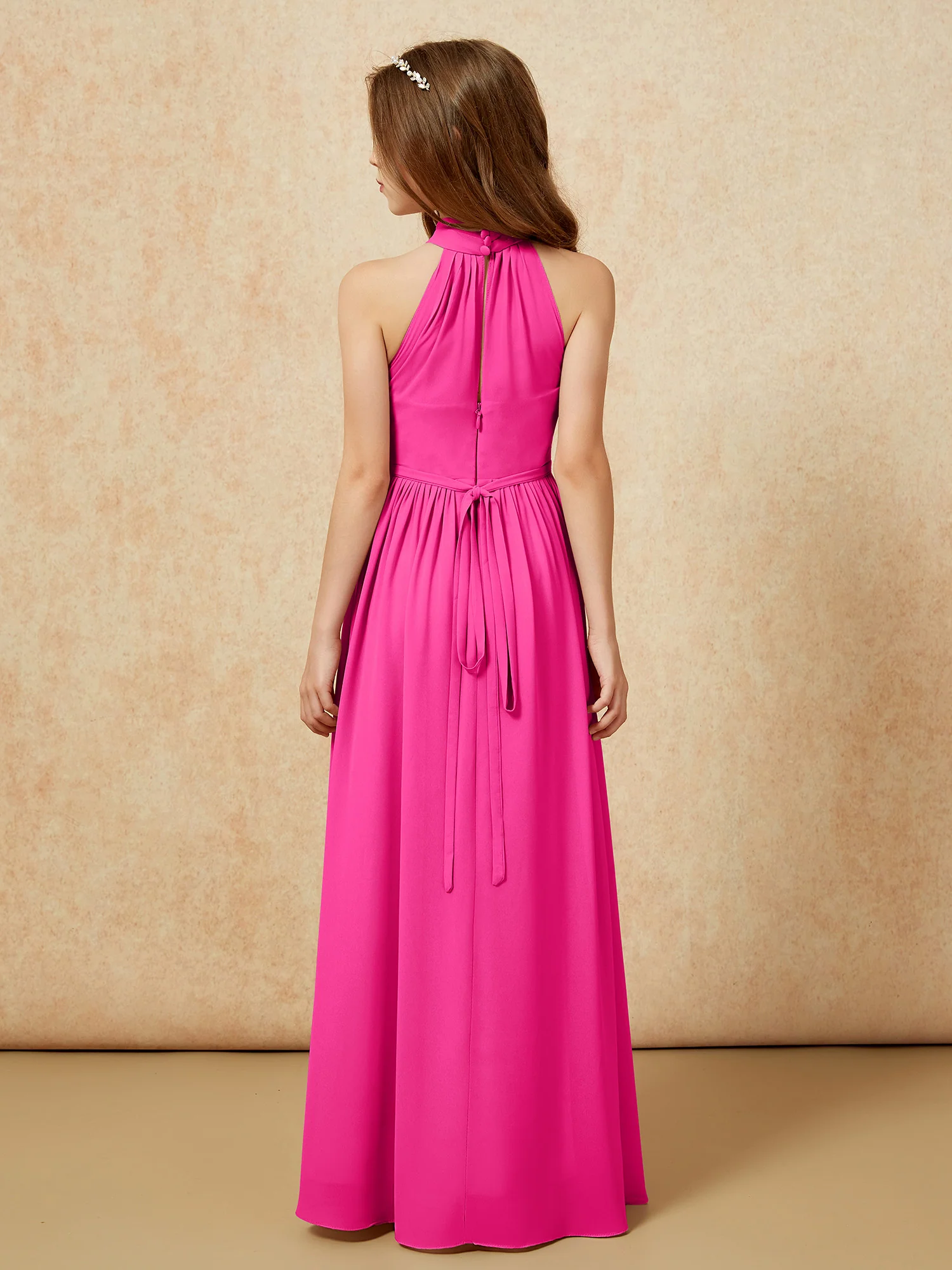 High Neck Long Junior Bridesmaid Dress With Slit Fuchsia - Image 2