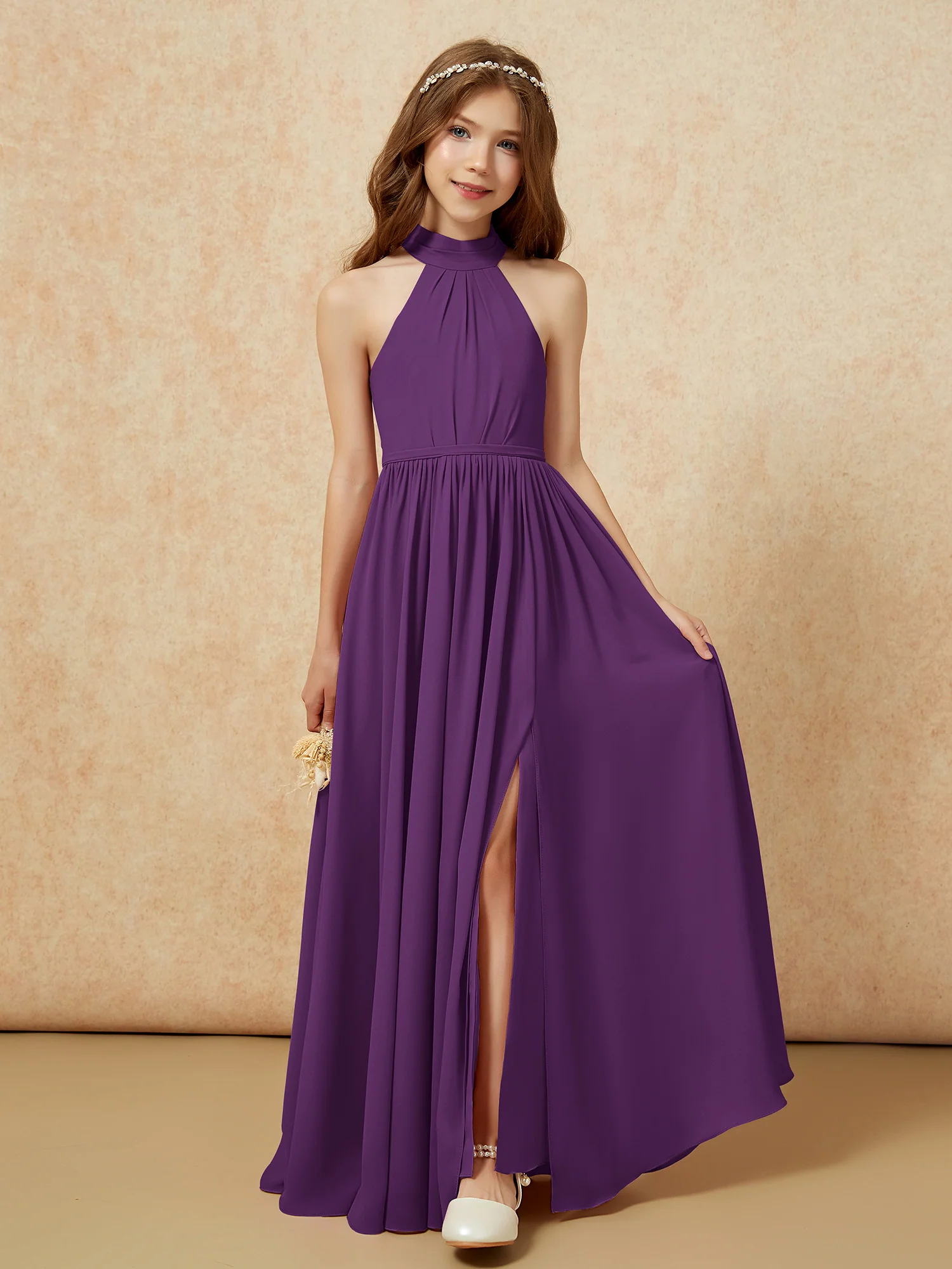 High Neck Long Junior Bridesmaid Dress With Slit Grape