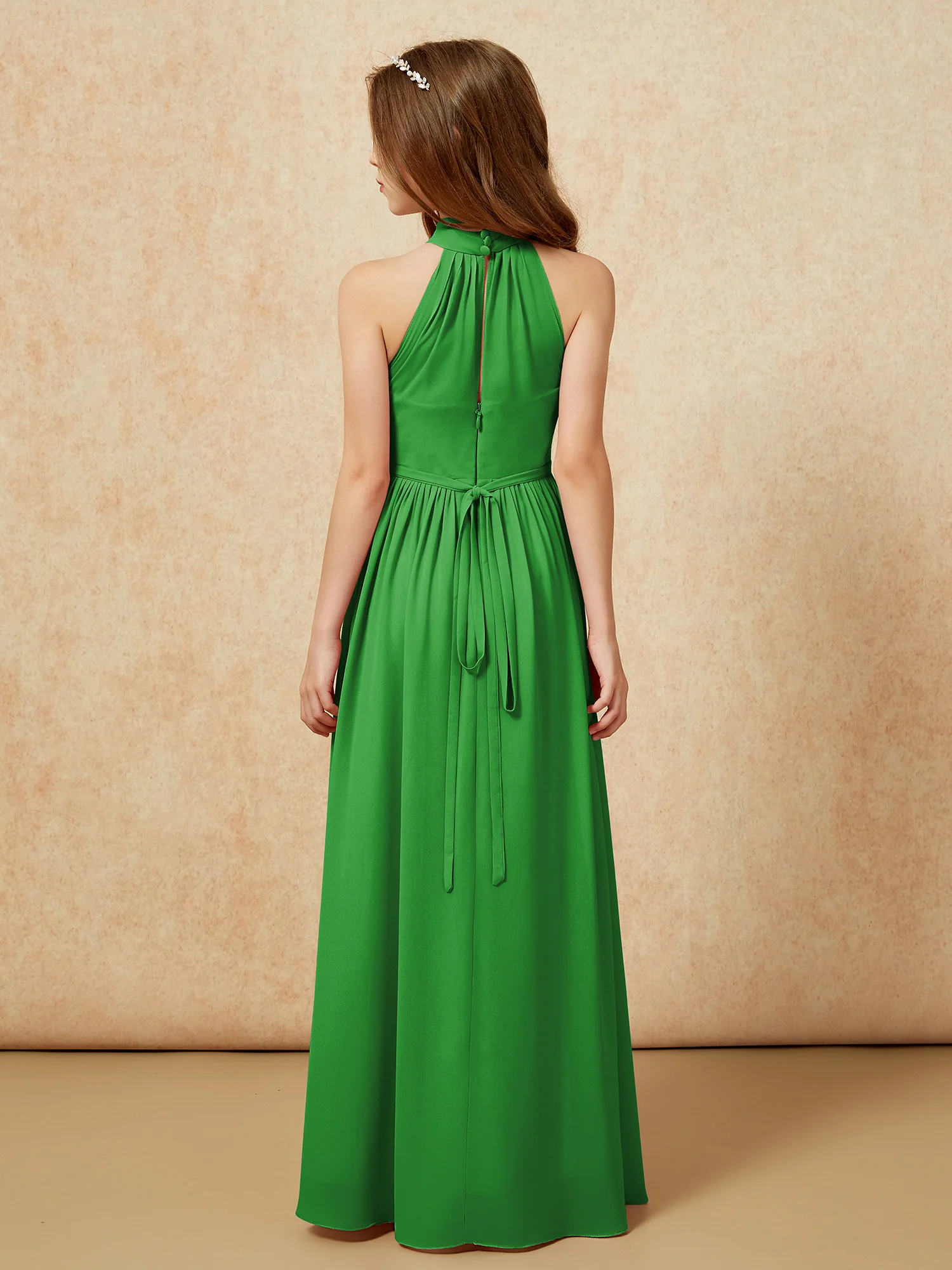 High Neck Long Junior Bridesmaid Dress With Slit Green - Image 2