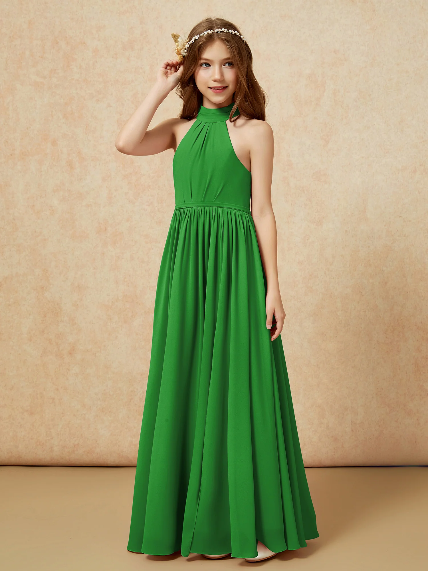 High Neck Long Junior Bridesmaid Dress With Slit Green - Image 6