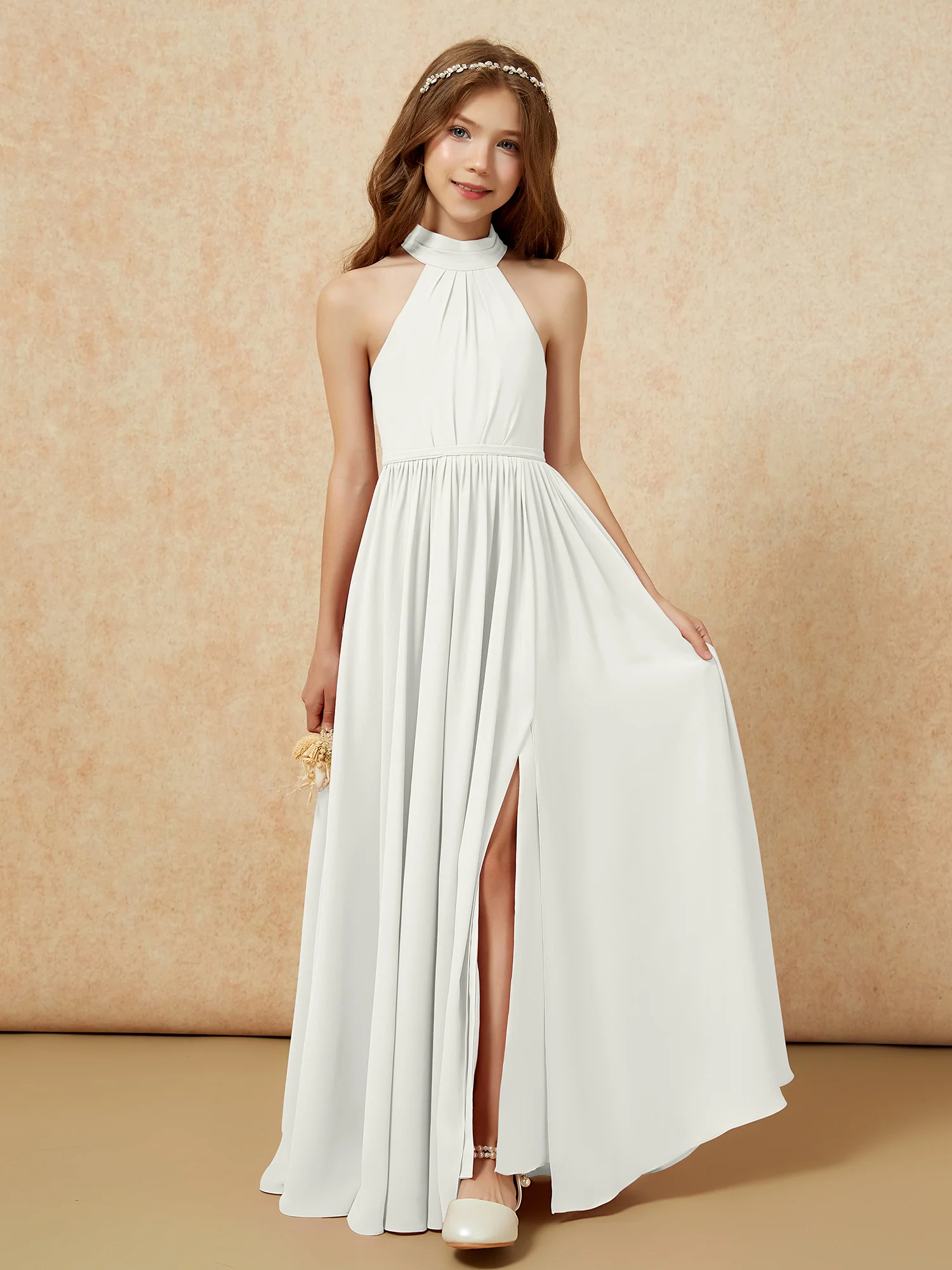 High Neck Long Junior Bridesmaid Dress With Slit Ivory