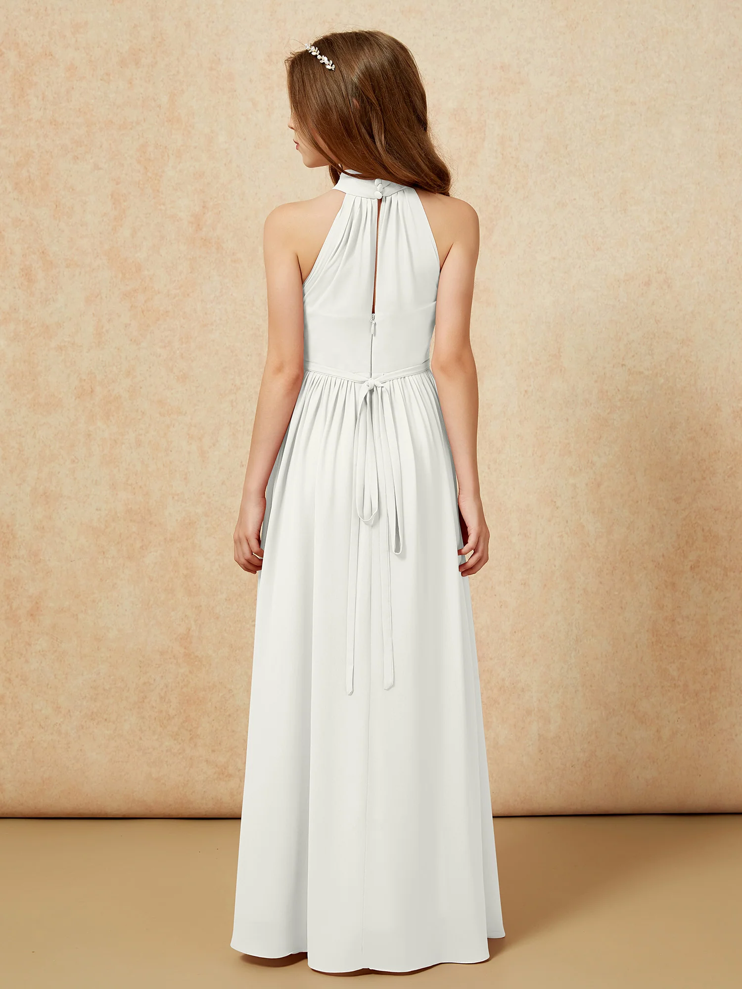 High Neck Long Junior Bridesmaid Dress With Slit Ivory - Image 2