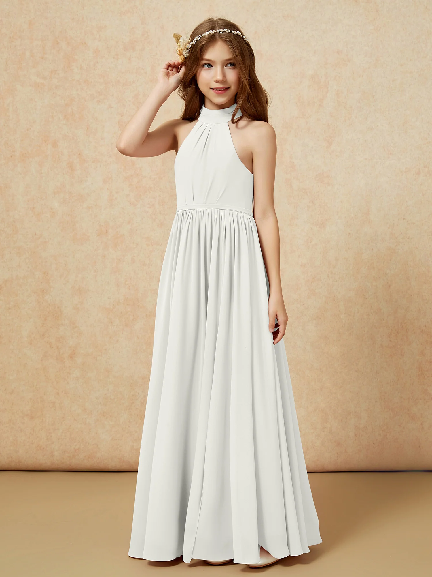 High Neck Long Junior Bridesmaid Dress With Slit Ivory - Image 6