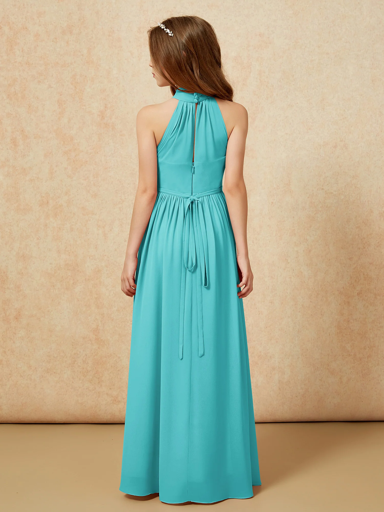 High Neck Long Junior Bridesmaid Dress With Slit Jade - Image 2