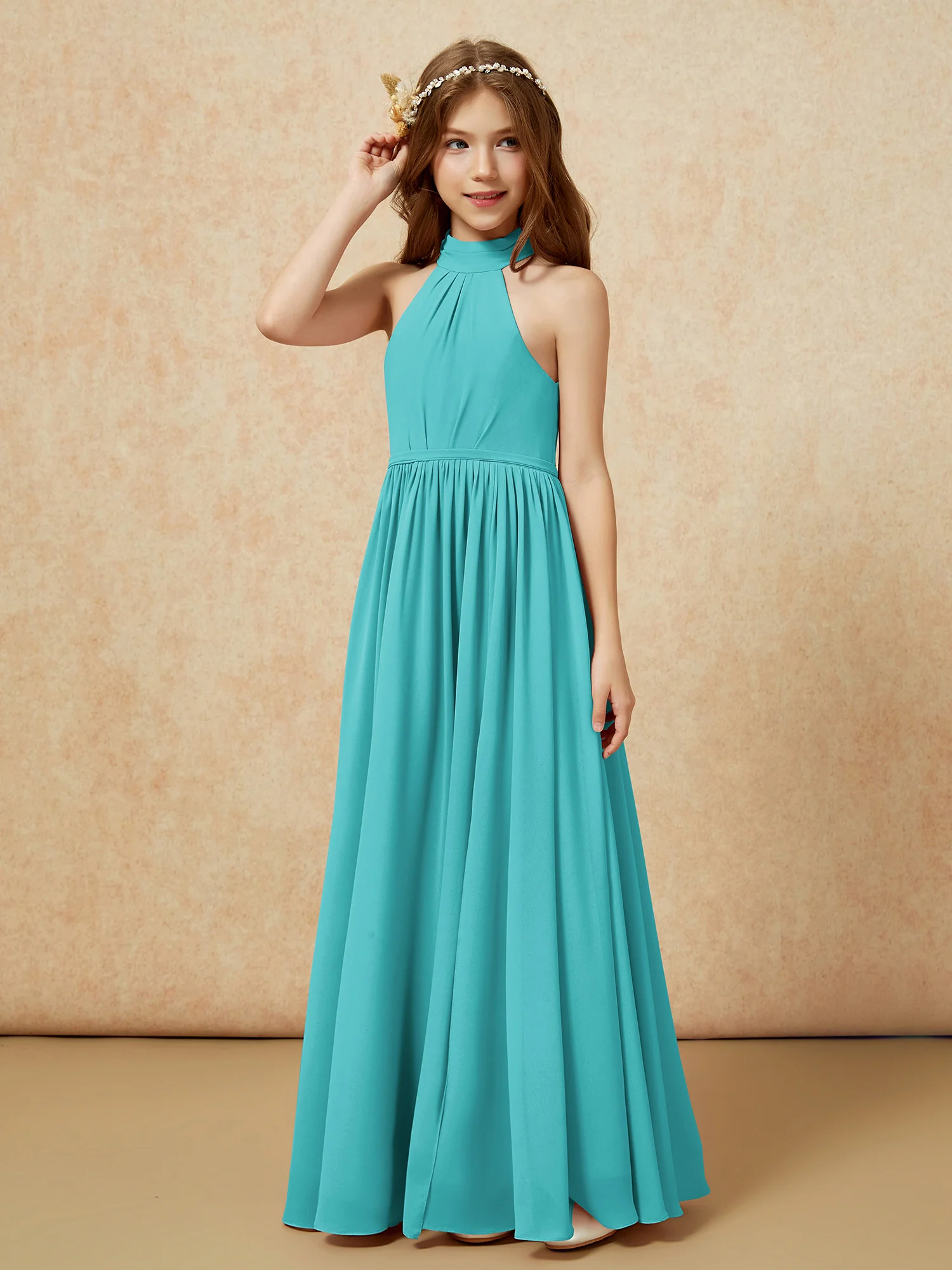 High Neck Long Junior Bridesmaid Dress With Slit Jade - Image 6