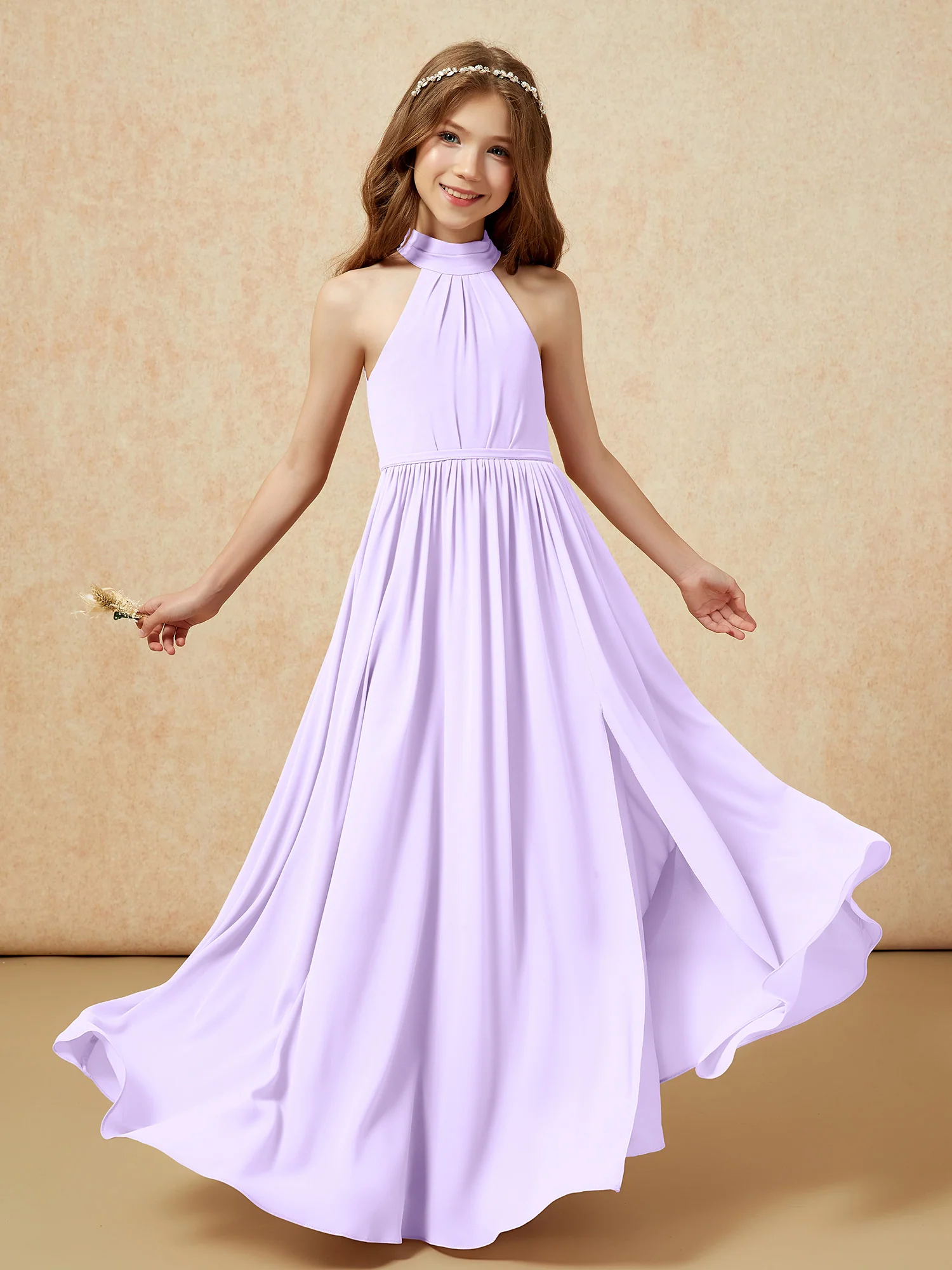 High Neck Long Junior Bridesmaid Dress With Slit Lilac - Image 4