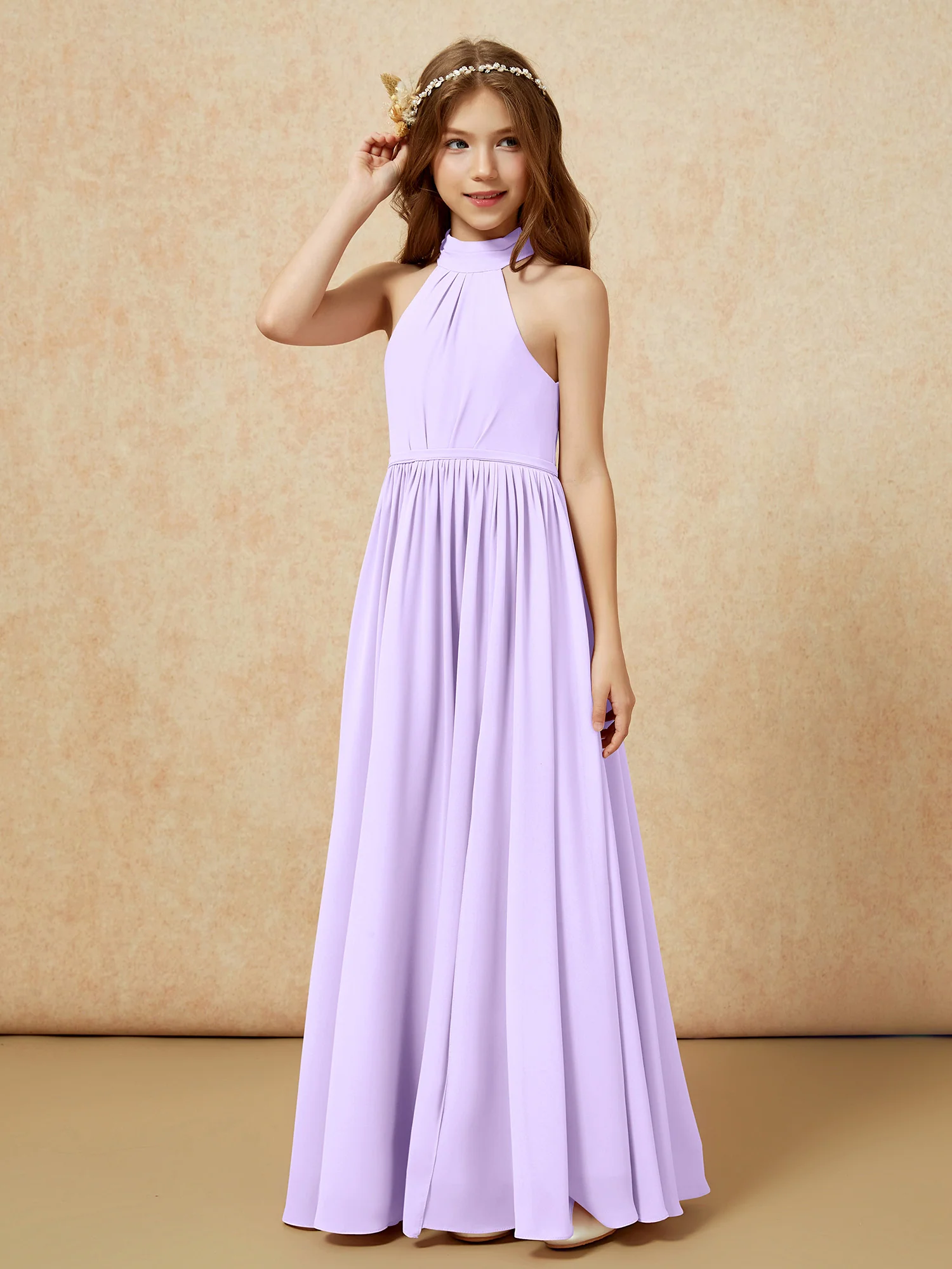 High Neck Long Junior Bridesmaid Dress With Slit Lilac - Image 6