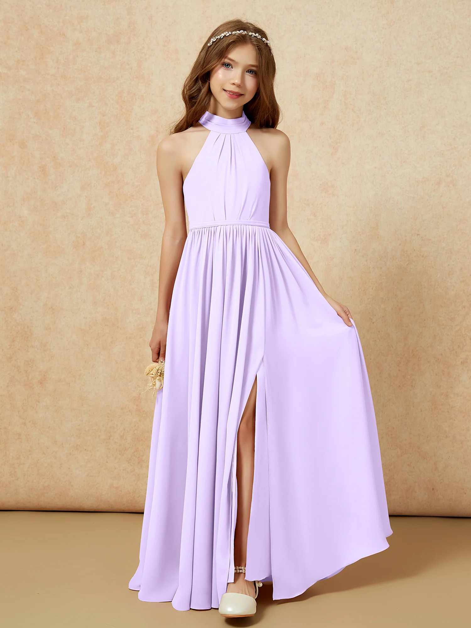 High Neck Long Junior Bridesmaid Dress With Slit Lilac - Image 7