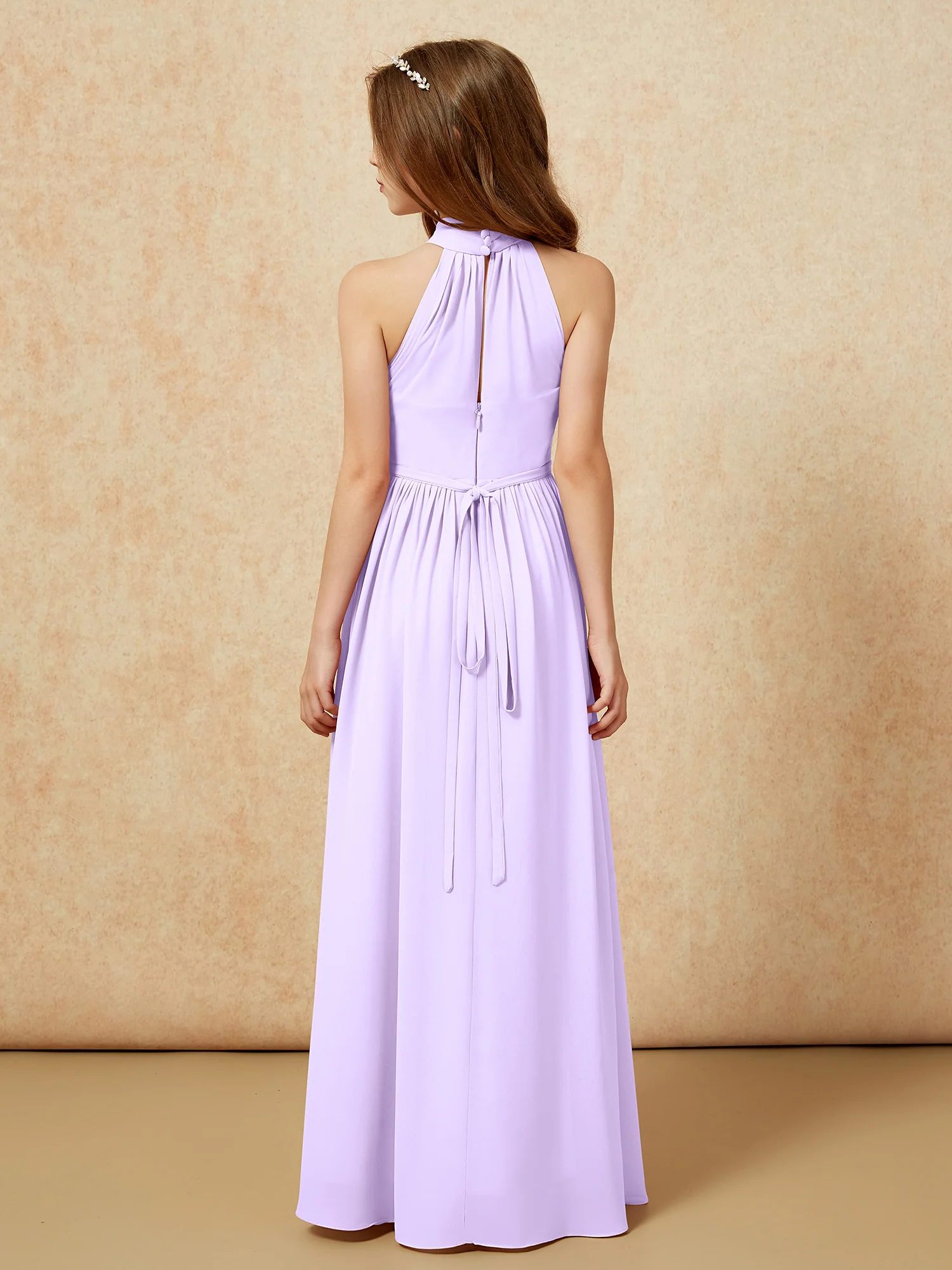 High Neck Long Junior Bridesmaid Dress With Slit Lilac - Image 8