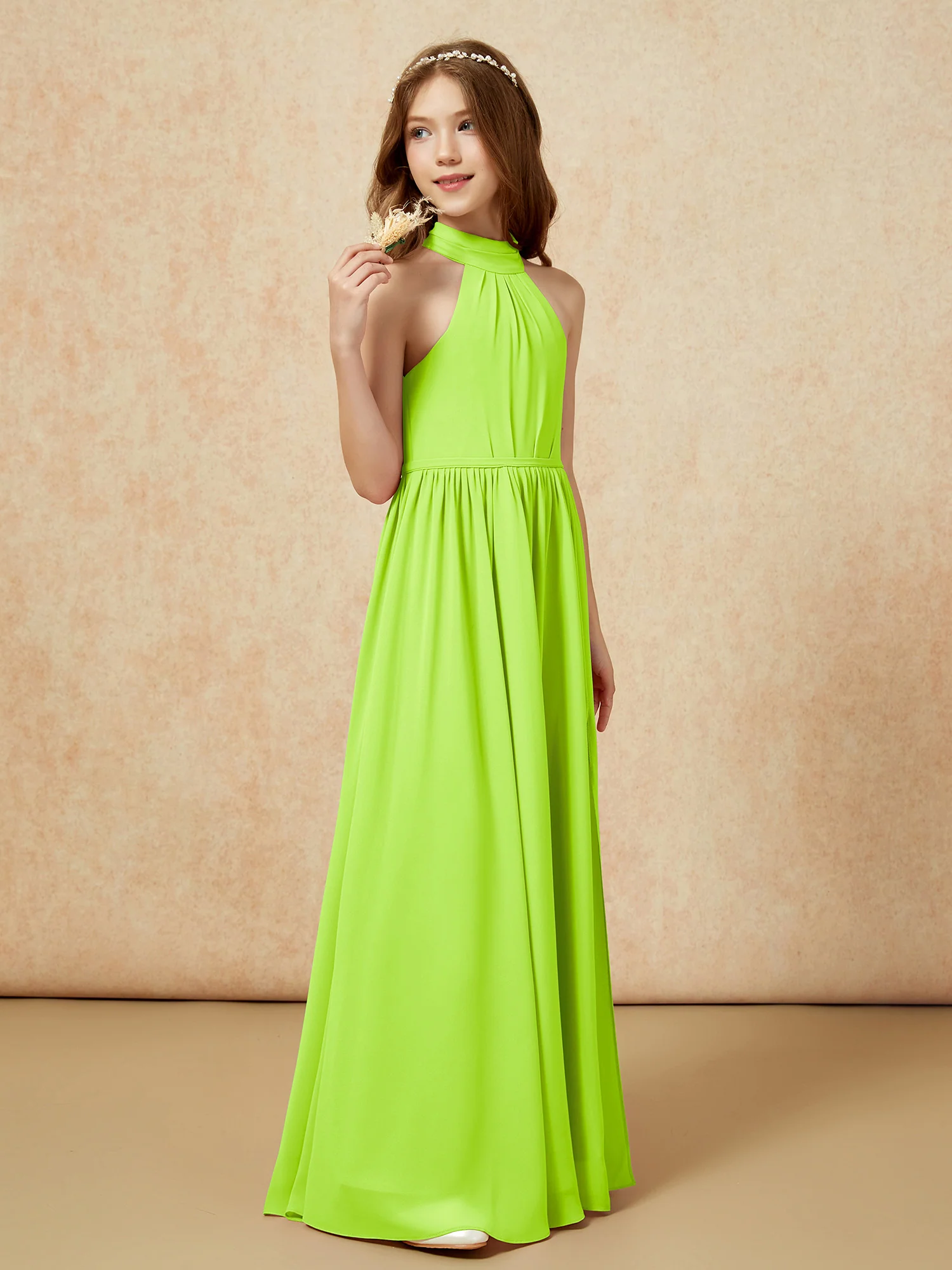High Neck Long Junior Bridesmaid Dress With Slit Lime Green - Image 5