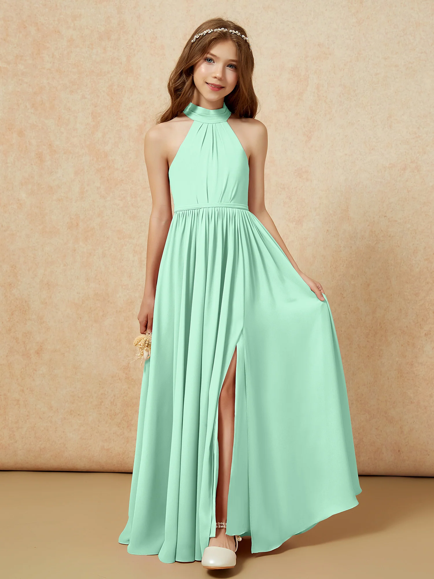 High Neck Long Junior Bridesmaid Dress With Slit Mint Green