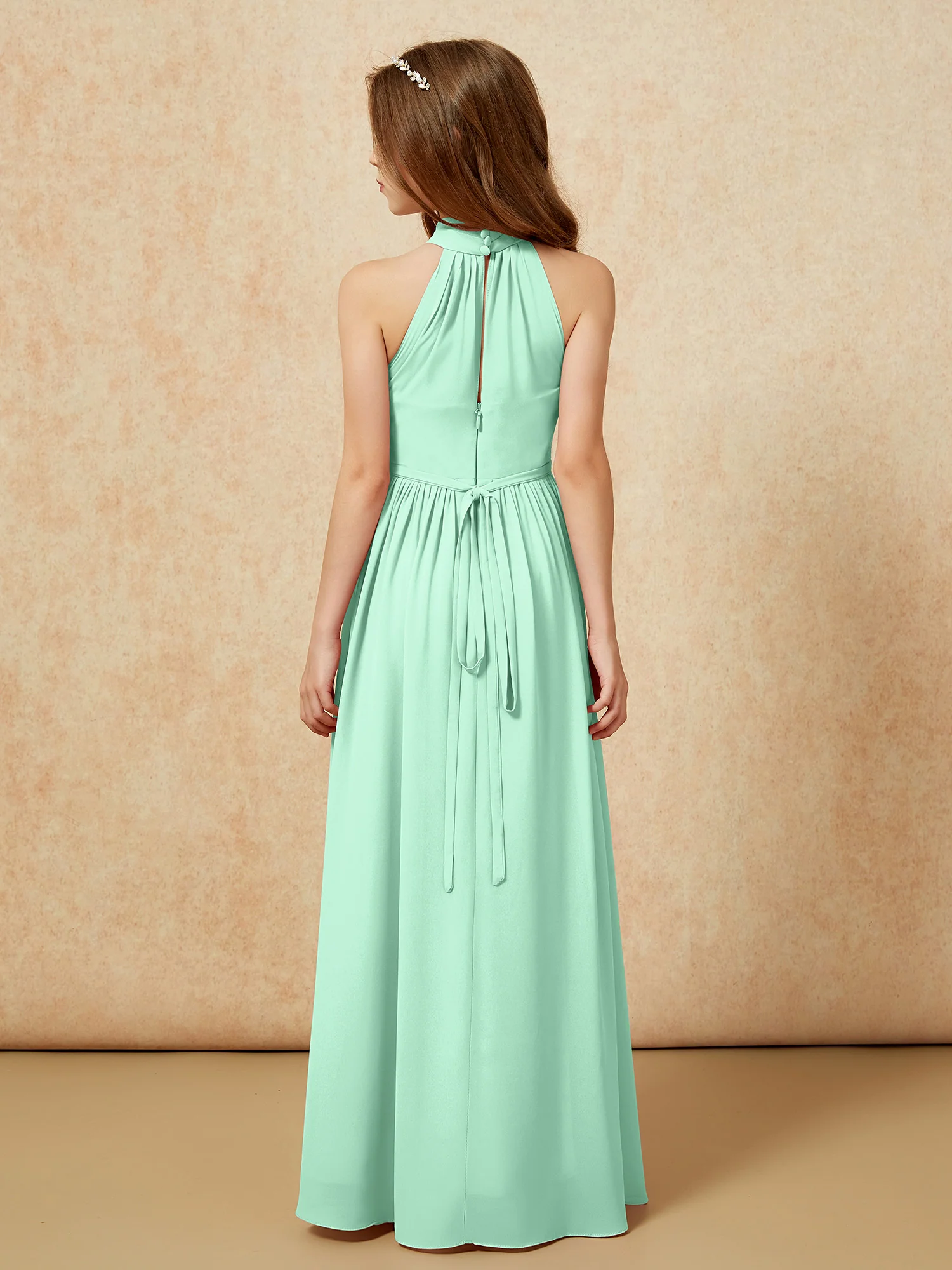 High Neck Long Junior Bridesmaid Dress With Slit Mint Green - Image 2