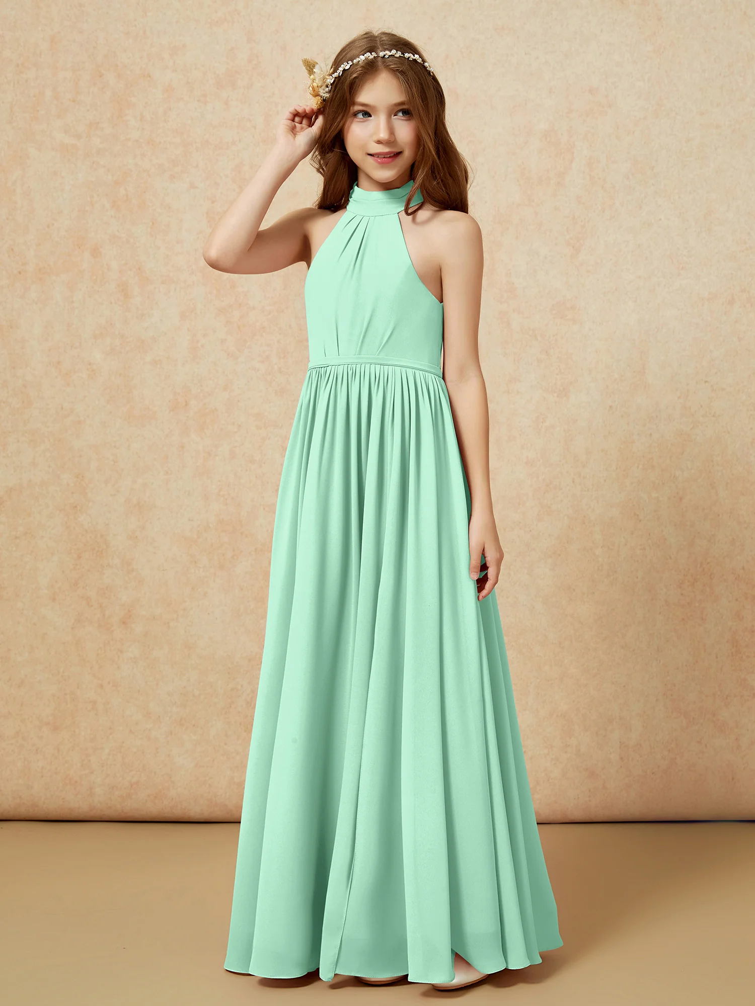 High Neck Long Junior Bridesmaid Dress With Slit Mint Green - Image 6