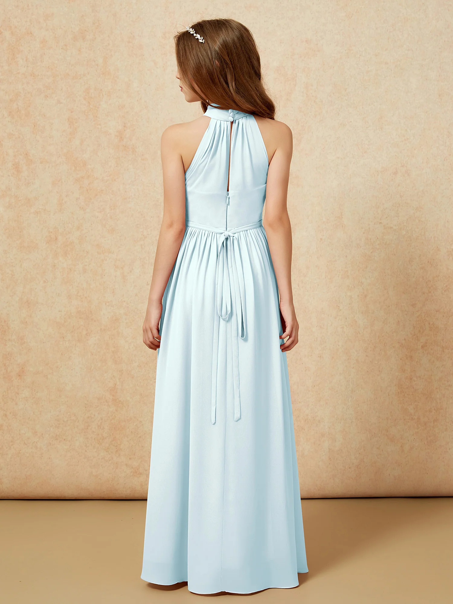 High Neck Long Junior Bridesmaid Dress With Slit Mist - Image 2