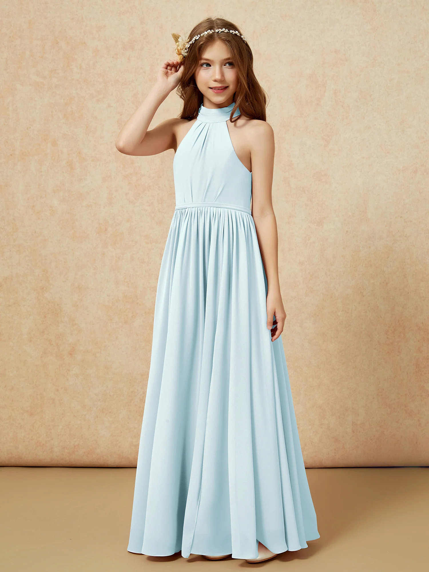 High Neck Long Junior Bridesmaid Dress With Slit Mist - Image 6
